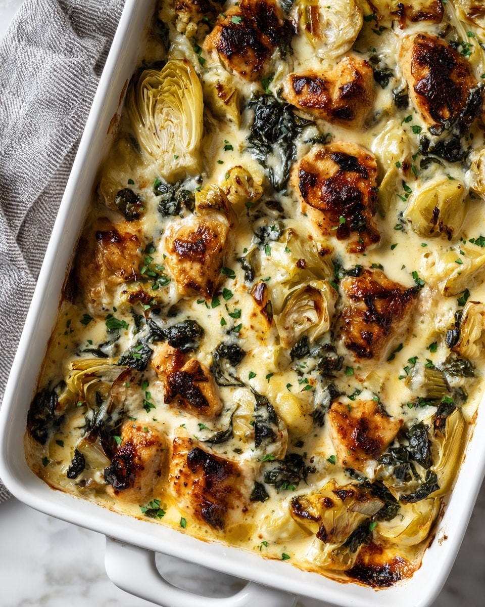 The image shows a white rectangular baking dish filled with golden-browned chicken pieces on top, each piece having a crispy texture with darker golden spots. Beneath the chicken, there are layers of creamy sauce mixed with green herbs and tender artichoke hearts visible in pale yellow. Bright green chopped parsley and small red chili flakes are sprinkled evenly over the dish, adding pops of color. The edges of the dish show some baked sauce that is slightly crisped and browned. The dish rests on a white marbled surface with a dark cloth partly visible underneath one side photo taken with an iphone --ar 4:5 --v 7