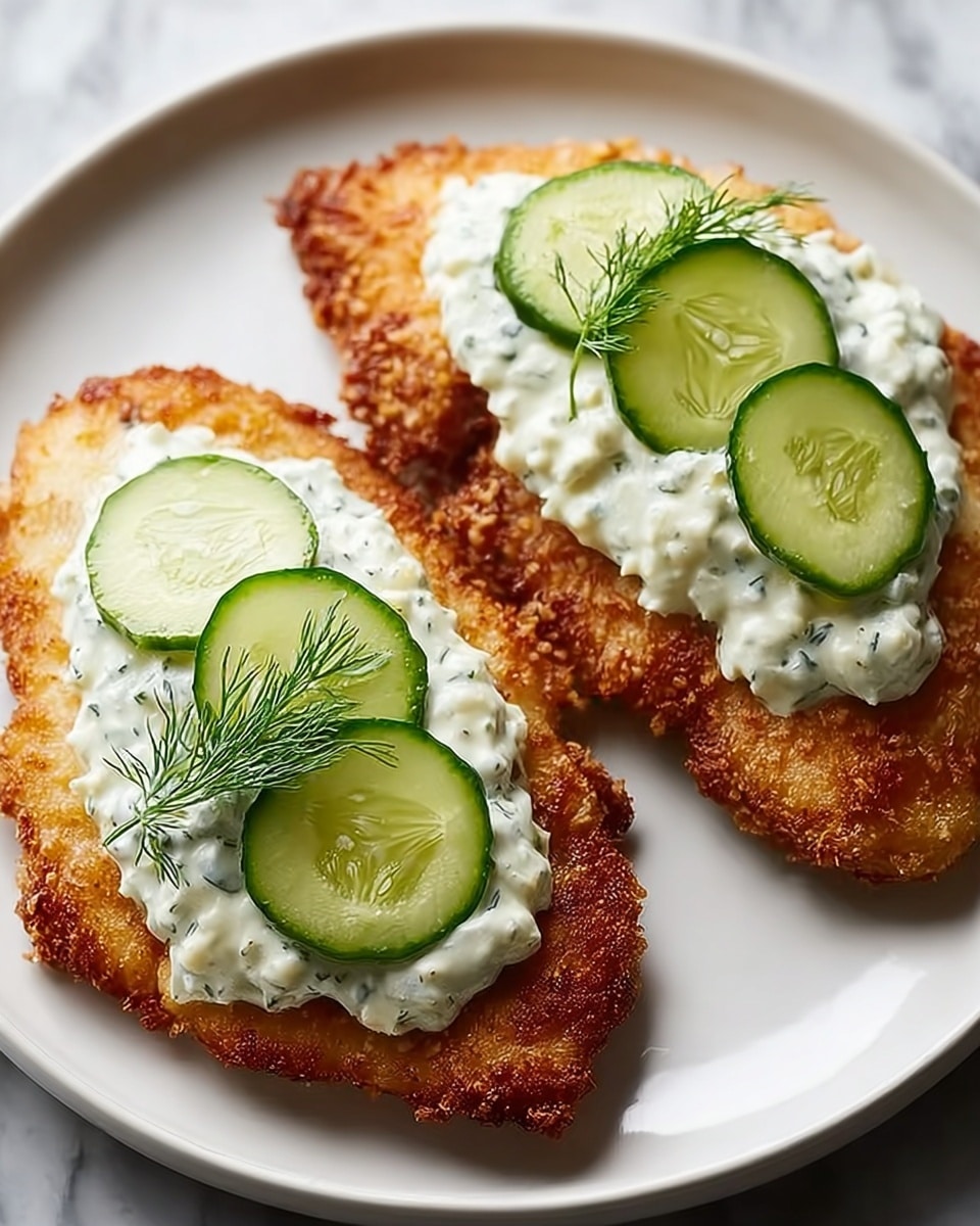 Two pieces of golden-brown fried fish fillets are placed on a white plate on a white marbled texture surface. Each fillet has a thick layer of creamy white sauce with a slightly grainy texture spread over the middle. Thin, round slices of fresh green cucumber are arranged on top of the sauce. A small sprig of green dill rests on the sauce of the closer fillet, adding a touch of fresh color. The fillets look crispy with uneven, crunchy edges and a slightly rough surface. photo taken with an iphone --ar 4:5 --v 7