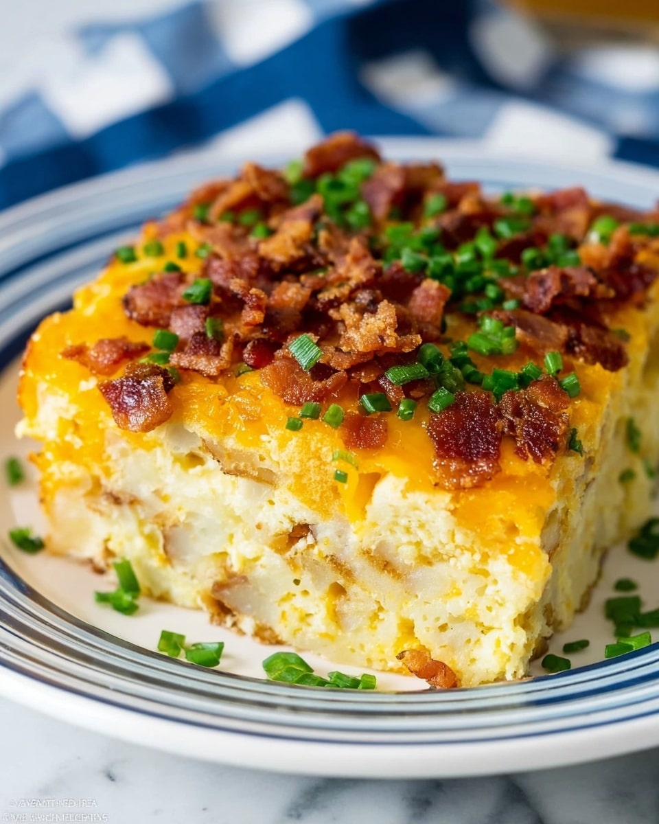 The dish is a thick square slice of breakfast casserole on a white plate with blue rim, placed on a white marbled surface. The bottom layer is a dense, light yellow and creamy-looking potato base. Above it is a mixed layer of ground sausage and small bits of browned bacon, creating a speckled but firm texture. The top layer is melted cheddar cheese in bright orange, covering the meat layer fully. Small chopped green onions are sprinkled all over the top, adding a fresh bright green contrast. The edges of the slice show the layers clearly stacked, with a soft, moist look overall. photo taken with an iphone --ar 4:5 --v 7