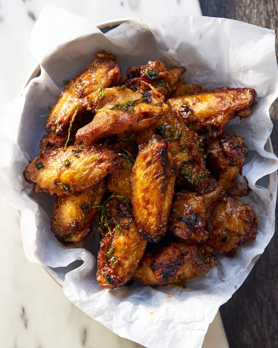 A white bowl lined with white parchment paper is filled with a pile of golden-brown grilled chicken wings. The wings show a crispy and slightly charred texture, glistening with a light coating of oil or sauce. Small green herb pieces are sprinkled across the wings, adding a touch of color contrast against the warm tones of the chicken. The bowl rests on a white marbled surface with a soft natural light highlighting the rich brown and orange shades, making the wings look juicy and flavorful. Photo taken with an iphone --ar 4:5 --v 7