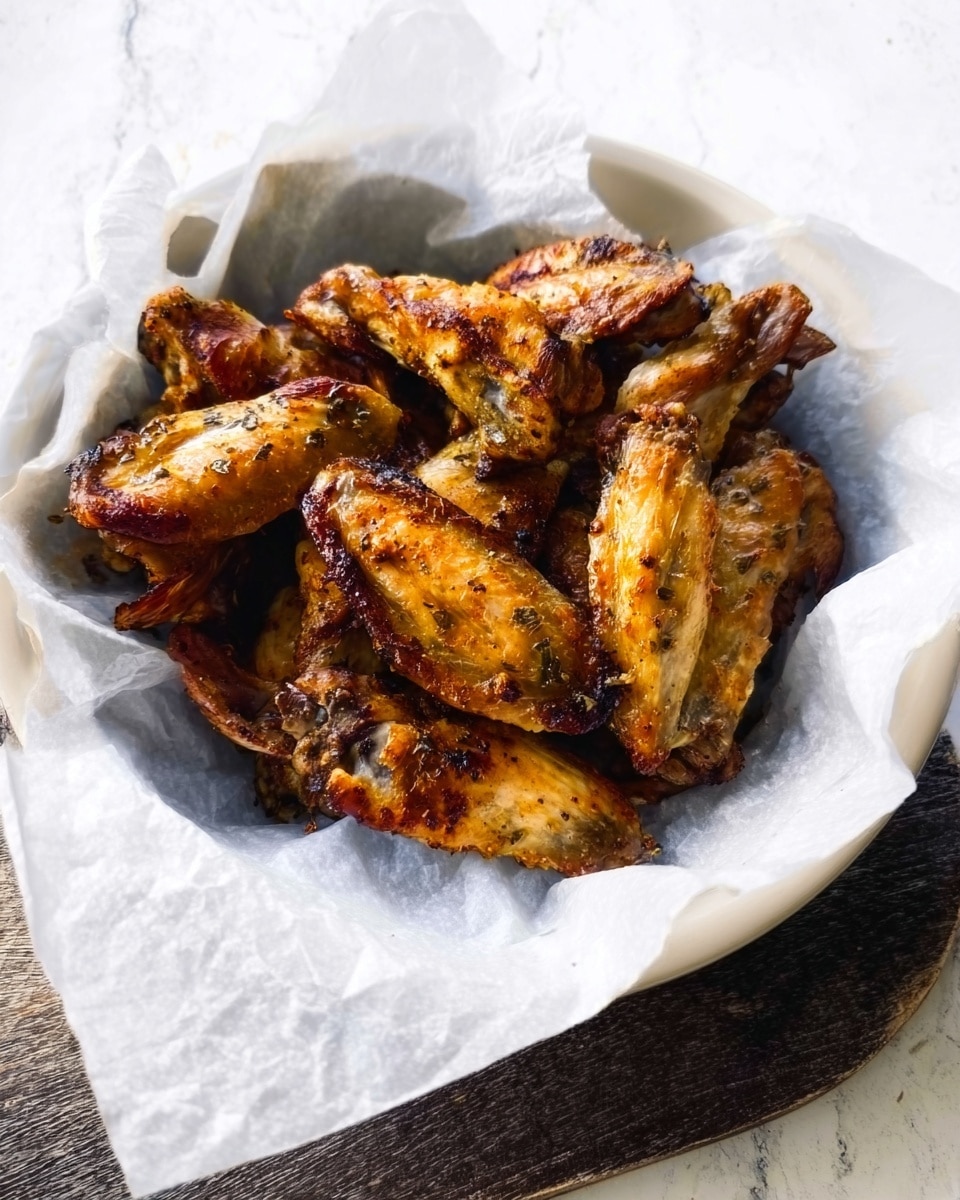 A white bowl lined with white parchment paper holds a pile of cooked chicken wings. The wings are golden brown with a slightly crispy texture and some darker, charred spots. The background shows a white marbled surface. photo taken with an iphone --ar 4:5 --v 7