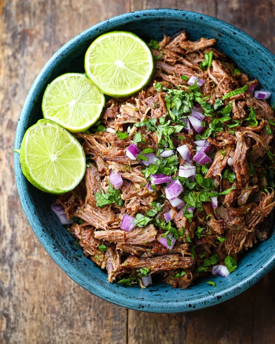 A white bowl filled with shredded brown cooked meat, showing a slightly moist texture with some visible spices. On the side of the bowl, there are two cut green lime wedges resting on the edges. The background and surface are white marble, giving a clean and bright setting. The photo taken with an iphone --ar 4:5 --v 7