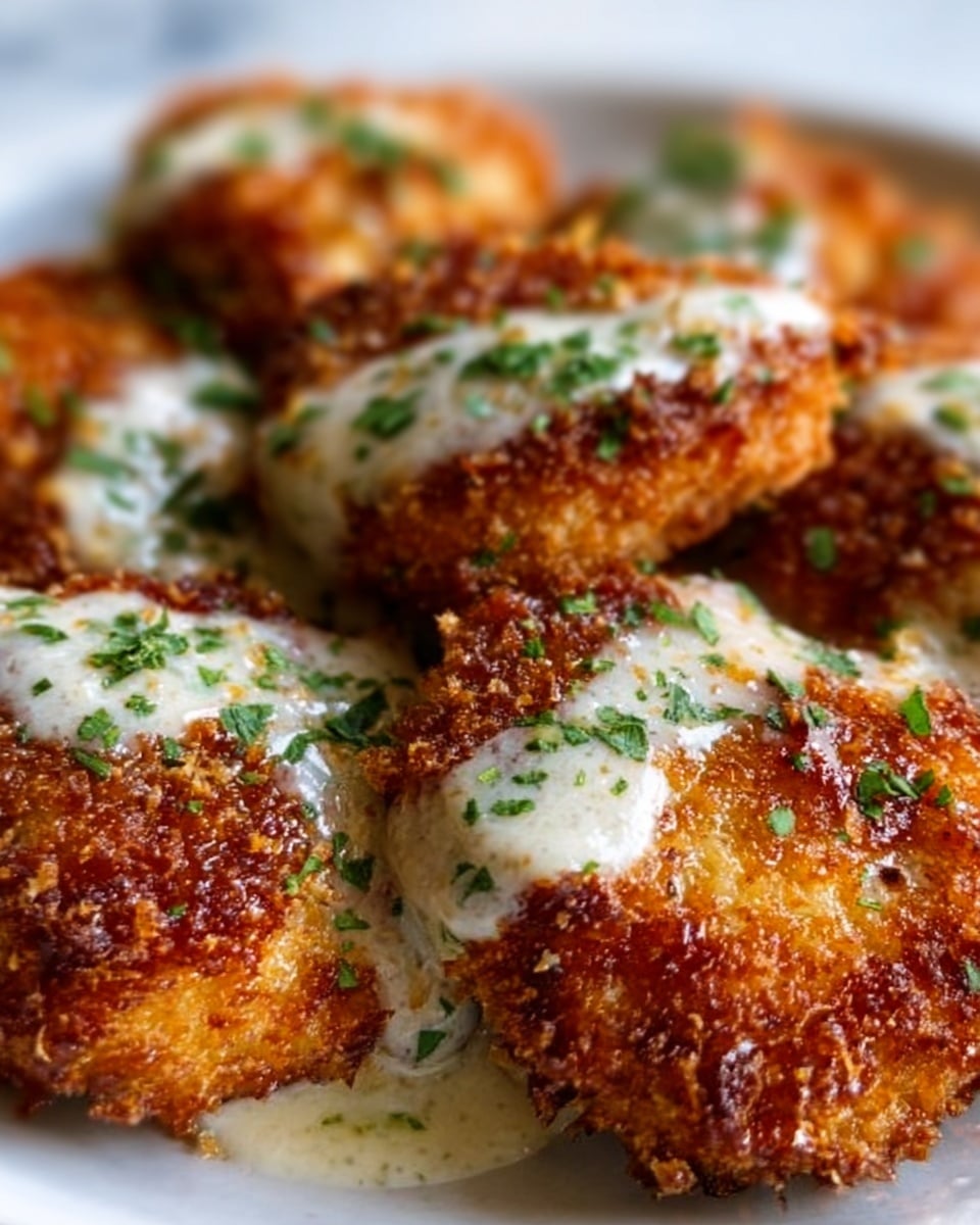The image shows a close-up of golden brown crispy fried pieces, crusted with breadcrumbs, layered in a shallow dish. The top is drizzled with a light creamy sauce with small pieces of herbs sprinkled all over. The fried pieces have a rough, crunchy texture with a slightly oily shine. Fresh green parsley is scattered evenly on top, adding a pop of color. The dish rests on a white marbled surface. photo taken with an iphone --ar 4:5 --v 7