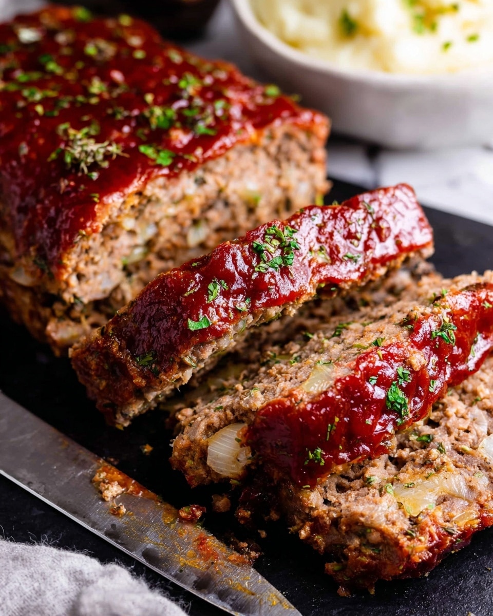 A close-up view of a meatloaf sliced into three thick pieces on a dark cutting board. The meatloaf has a juicy and crumbly inside texture with small bits of onions visible, and the outer layer is covered with a shiny red glaze sauce sprinkled with green herbs. The knife with bits of meat on its blade lies in the foreground on a white marbled surface. In the background, there is a white bowl with mashed potatoes blurred out. photo taken with an iphone --ar 4:5 --v 7