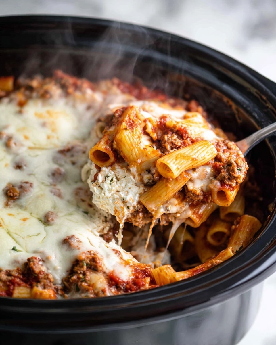 A close-up of a slow cooker filled with layered baked pasta, showing three main layers: the bottom layer of cooked penne pasta mixed with rich red tomato sauce, the middle layer of white ricotta cheese mixed with herbs, and the top layer of melted creamy mozzarella cheese that is slightly browned and bubbly. The pasta and cheese layers are unevenly mixed, creating a textured look with some pasta pieces clearly visible under the gooey cheese. A silver serving spoon with a black handle is scooping a portion from the cooker, showing the thick, cheesy and saucy texture inside. The background is a white marbled texture. photo taken with an iphone --ar 4:5 --v 7