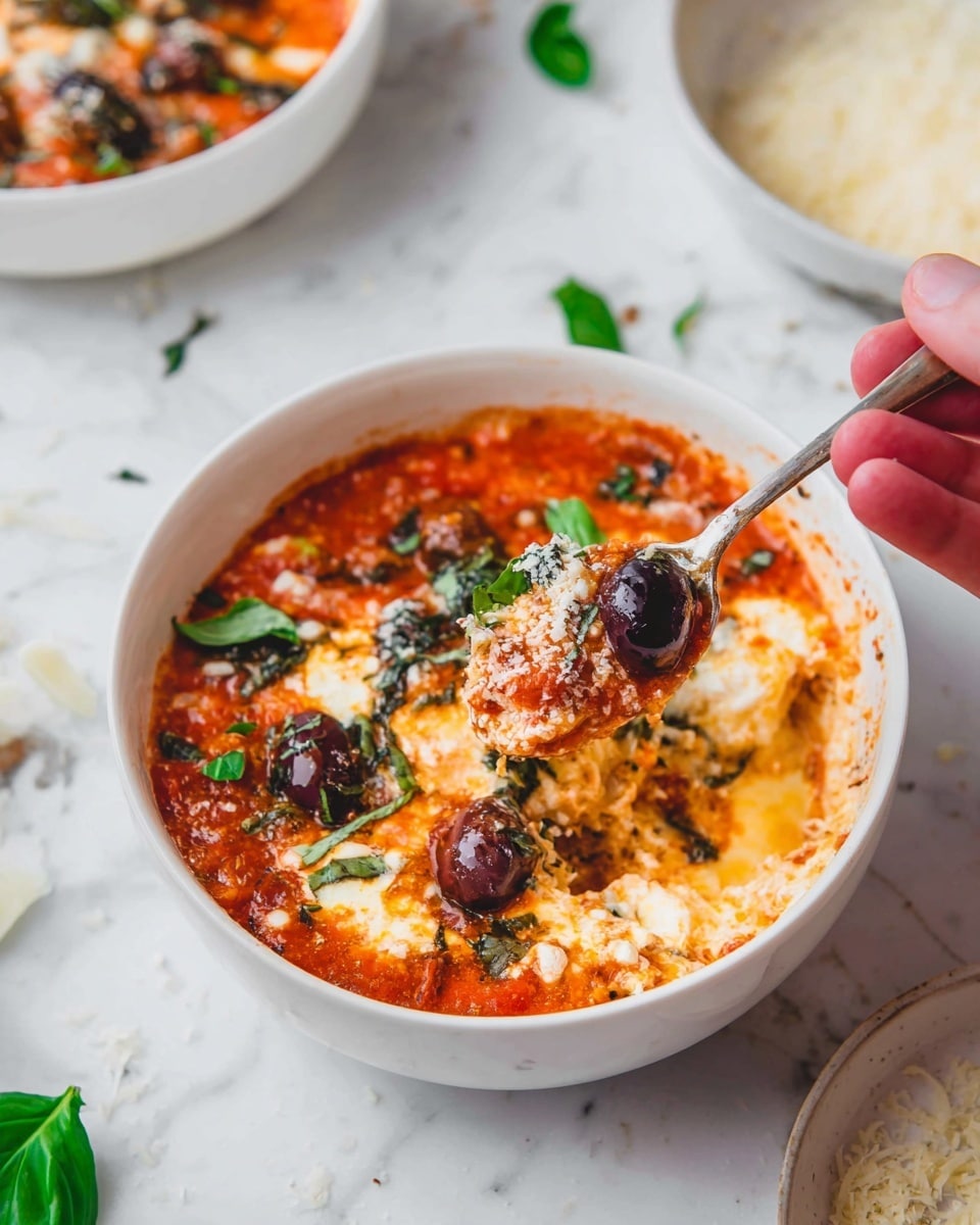The image shows a white bowl filled with a layered dish consisting of a bottom creamy layer mixed with a red-orange tomato sauce. There are pieces of chopped dark purple olives and green basil leaves scattered on top. A woman’s hand holds a spoon lifting a scoop of the dish, showing a mix of creamy, tomato sauce, basil, and olive pieces with a slightly chunky texture. The bowl sits on a white marbled surface with some grated cheese and chopped basil scattered around. Nearby, there are parts of another white bowl with similar contents. Photo taken with an iphone --ar 4:5 --v 7