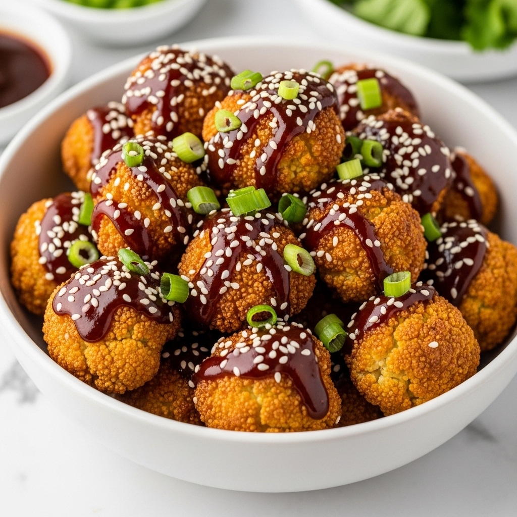 A bowl filled with many pieces of crispy cauliflower, each piece covered with a sticky dark brown sauce. The cauliflower pieces are golden yellow with a crunchy look. On top, white sesame seeds are spread evenly, adding small dots of texture. There are chopped green onions scattered over all the cauliflower, adding splashes of bright green. The bowl is white and smooth, set on a white marbled background. In the background, there are blurred dishes with green herbs and sauces. photo taken with an iphone --ar 4:5 --v 7