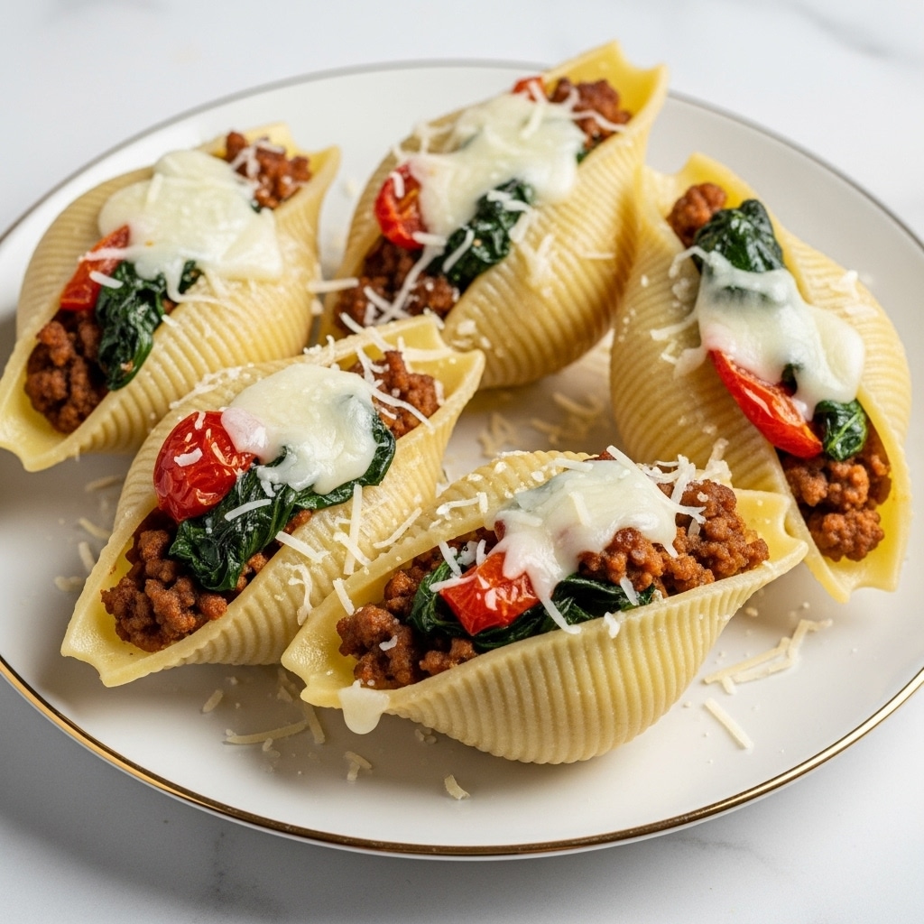 The image shows large shell pasta stuffed with a mix of browned ground meat, wilted dark green spinach, and small pieces of red tomato, topped with melted white cheese that slightly drips over the sides. The shells have a ridged pale yellow texture and are placed on a white plate with a thin gold rim, resting on a white marbled surface. There are five shells arranged closely, with some grated cheese sprinkled around them, and soft natural lighting highlighting the warm colors and textures. Photo taken with an iphone --ar 4:5 --v 7