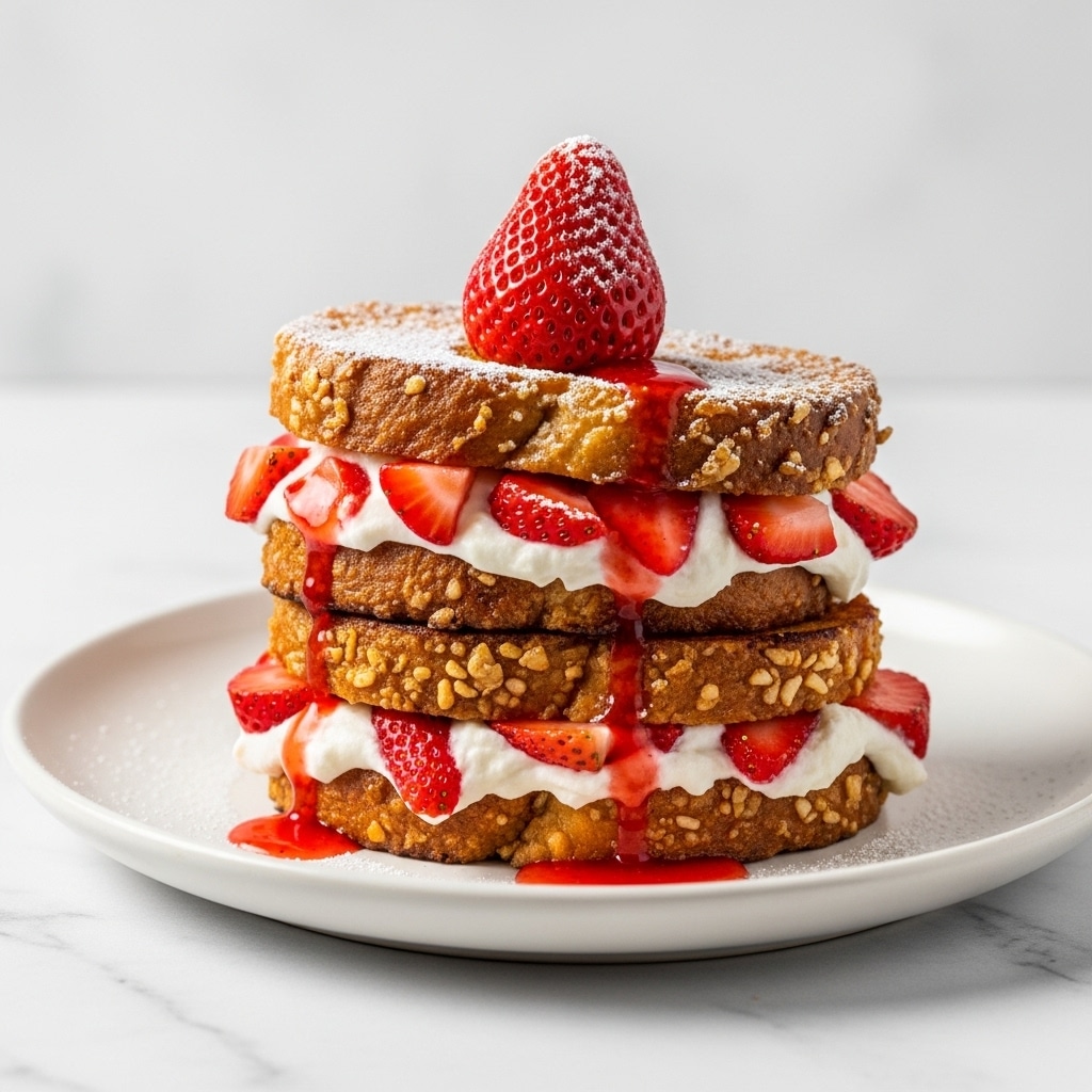 A stack of two pieces of strawberry and cream-filled French toast sits on a white plate over a white marbled textured surface. The bottom layer is a thick golden-brown slice of bread with a crunchy texture, soaked slightly with red strawberry juice. On top of it is a creamy white filling mixed with chunks of bright red strawberries. Another golden-brown slice of bread with a crispy edge forms the third layer, topped again with a creamy white layer studded with rose-red strawberry slices. The stack is crowned with a single fresh whole strawberry, and a light dusting of powdered sugar decorates the top. A small pool of strawberry juice seeps out at the base. Photo taken with an iphone --ar 4:5 --v 7