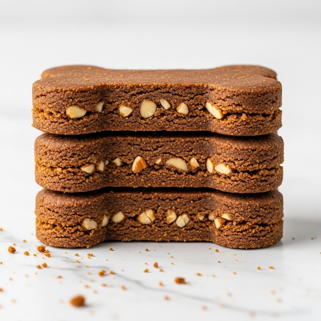 The image shows a stack of four brown bone-shaped dog treats placed on a white marbled surface. The treats have a rough texture with visible small crunchy bits of nuts or seeds embedded mainly in the middle layer of each treat. The stack is slightly uneven, with the edges of each bone-shaped treat clearly defined, showing their flat and dense form. Some small crumbs of the treats are scattered around the base of the stack, adding to the rustic feel of the photo taken with an iphone --ar 4:5 --v 7