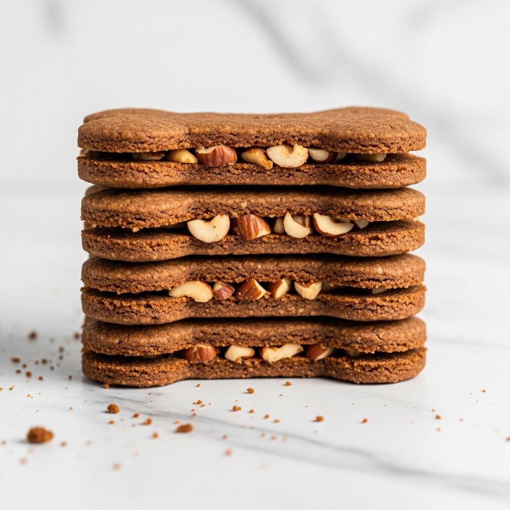 The image shows a stack of four brown bone-shaped cookies with a slightly rough texture and small nut pieces embedded in the middle layer. The cookies are layered evenly, with each bone-shaped cookie closely stacked on top of another. The background is a white marbled surface with some scattered crumbs around the base of the stack, adding a natural touch. The lighting highlights the crunchy texture and makes the nut pieces stand out clearly. photo taken with an iphone --ar 4:5 --v 7