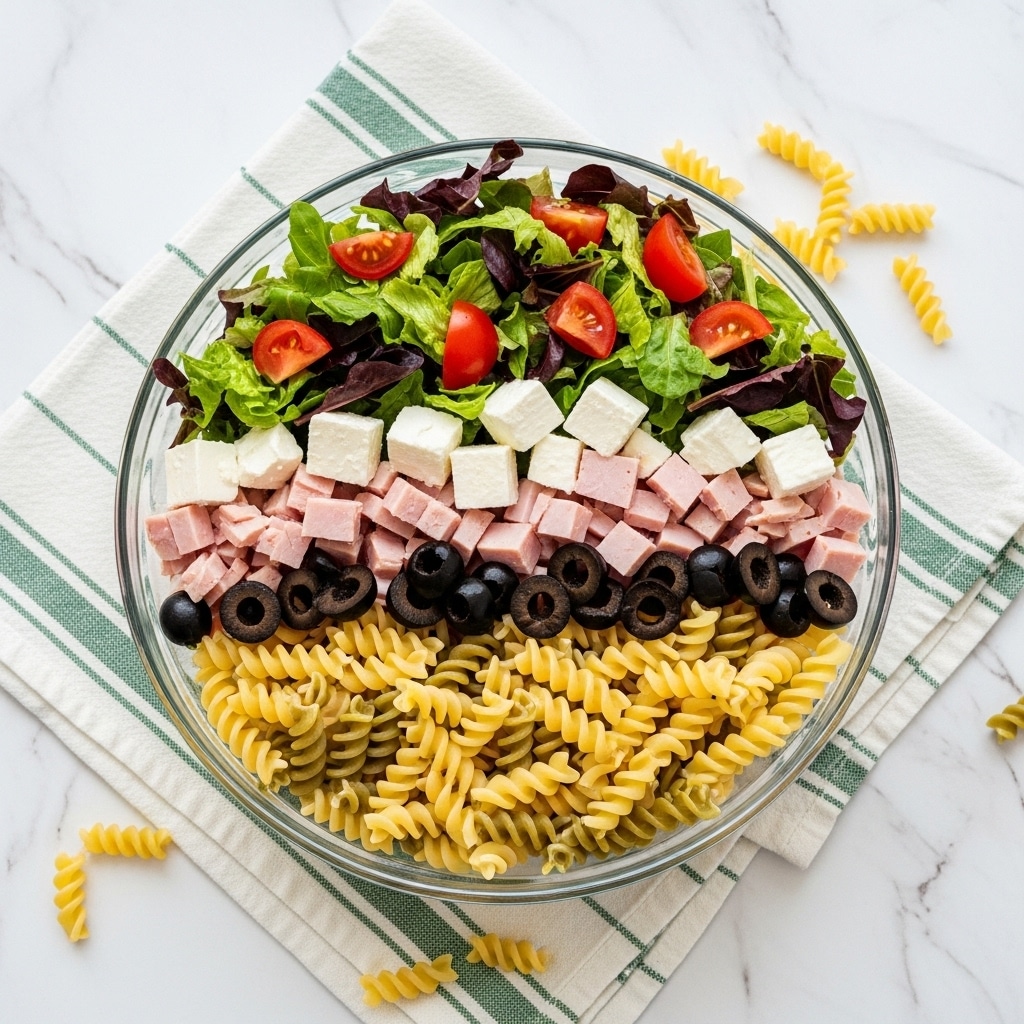The image shows a clear glass bowl filled with a colorful pasta salad on a white marbled surface. The salad has three main layers: the bottom layer is a mix of spiral pasta in pale yellow and light green colors; the middle layer features chunks of white cheese, sliced black olives, and pieces of pink ham; the top layer is a mix of shredded red and green lettuce with small tomato pieces scattered throughout. The bowl is placed on a cloth with thin dark green stripes, and a few pieces of uncooked pasta are scattered nearby. Photo taken with an iphone --ar 4:5 --v 7