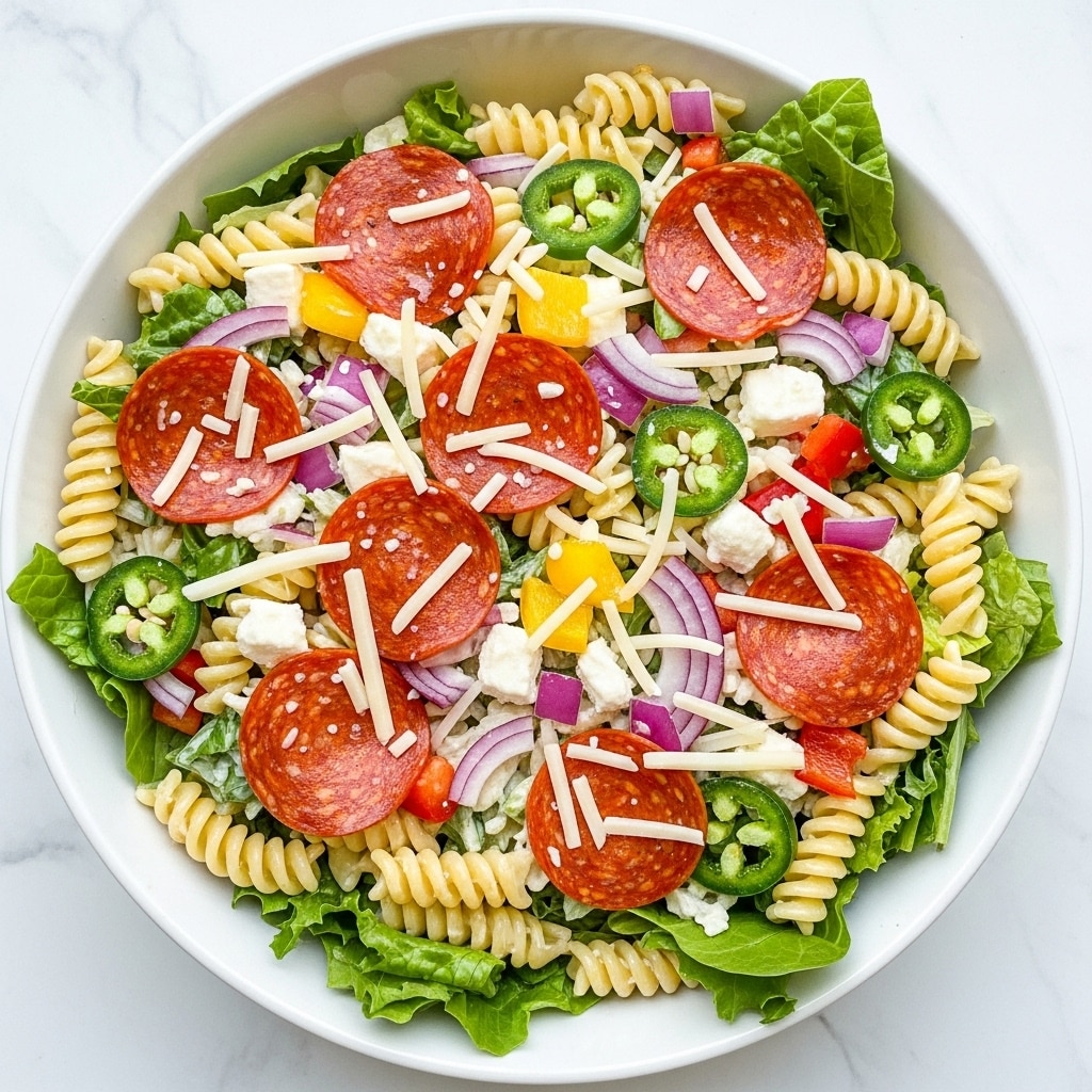 A white bowl is filled with a layered pasta salad. The bottom layer is curly rotini pasta in a pale yellow color, mixed with green leafy lettuce. On top of this are thin circular slices of reddish-brown pepperoni spread throughout. Small pieces of white cheese and thin shreds of grated cheese are sprinkled over the dish. Chopped red onions and bits of yellow and red bell peppers add bursts of bright colors, along with some green jalapeño slices. The ingredients appear creamy with dressing coating them lightly, and the salad looks fresh and colorful. The bowl sits on a white marbled surface. Photo taken with an iphone --ar 4:5 --v 7