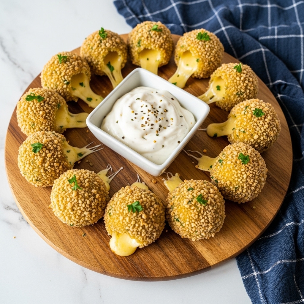 A close-up of round fried snacks with a golden-brown crispy outer layer, showing green herb bits in the crumb coating, and a soft, light yellow inner layer filled with melted cheese oozing out. One snack is held above a small white square dish filled with creamy white dipping sauce. The snacks are arranged on a white marbled surface in the background. photo taken with an iphone --ar 4:5 --v 7