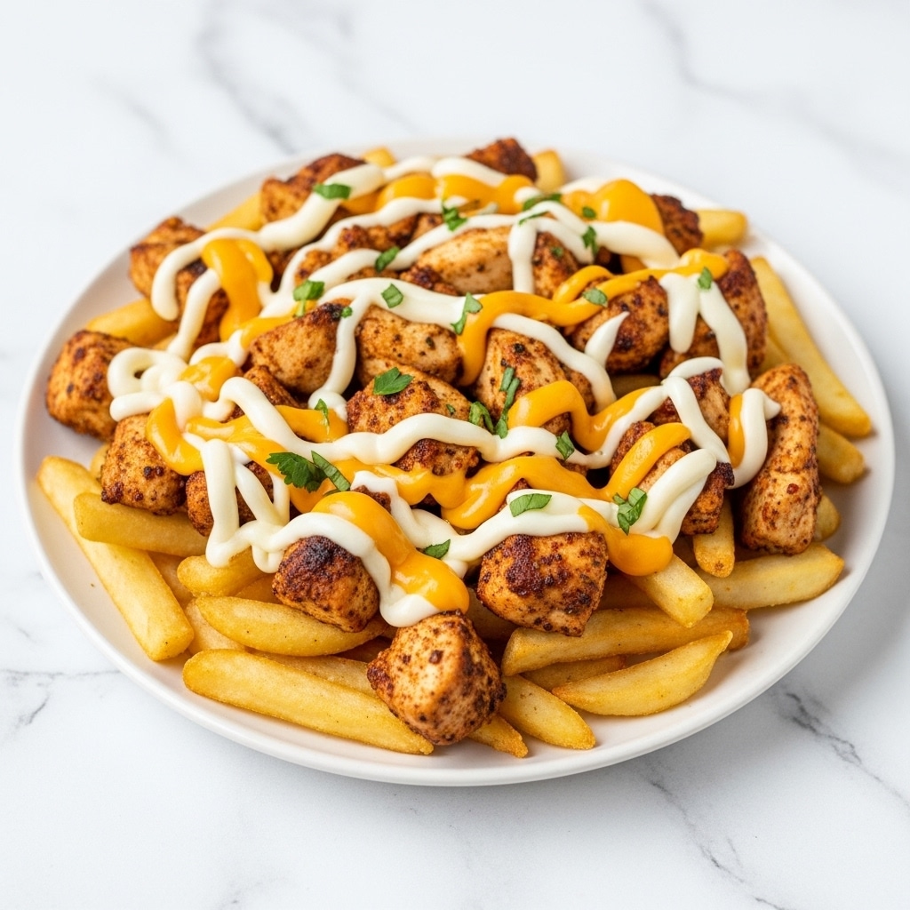 The image shows a white plate filled with crispy golden French fries as the bottom layer, covered with chunks of grilled chicken that are slightly browned and seasoned. The top layers are thick, melted cheese in orange and white colors, evenly spread over the chicken and fries. Small bits of fresh green herbs are scattered across the top, adding a touch of color contrast. The background is a white marbled texture, giving a clean and bright look to the image. photo taken with an iphone --ar 4:5 --v 7