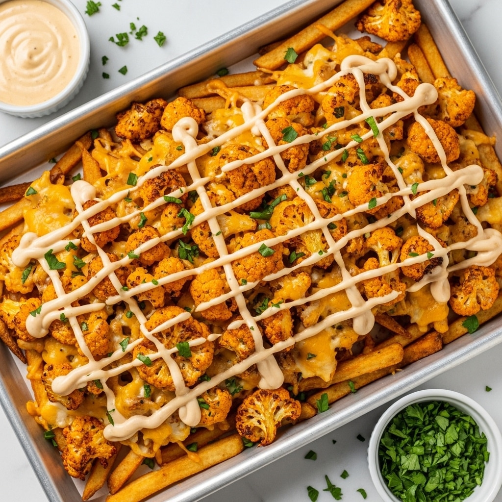 The image shows a metal tray filled with loaded fries, layered first with golden brown fries at the bottom, topped by chunks of roasted cauliflower that are light orange and crispy. Melted cheese covers the cauliflower and fries with a gooey, slightly golden texture. A light cream sauce is drizzled over the top in a crisscross pattern, and small bits of green herbs are sprinkled throughout for color. The tray is set on a white marbled surface, with small bowls of sauce and chopped green herbs on each side. Photo taken with an iphone --ar 4:5 --v 7