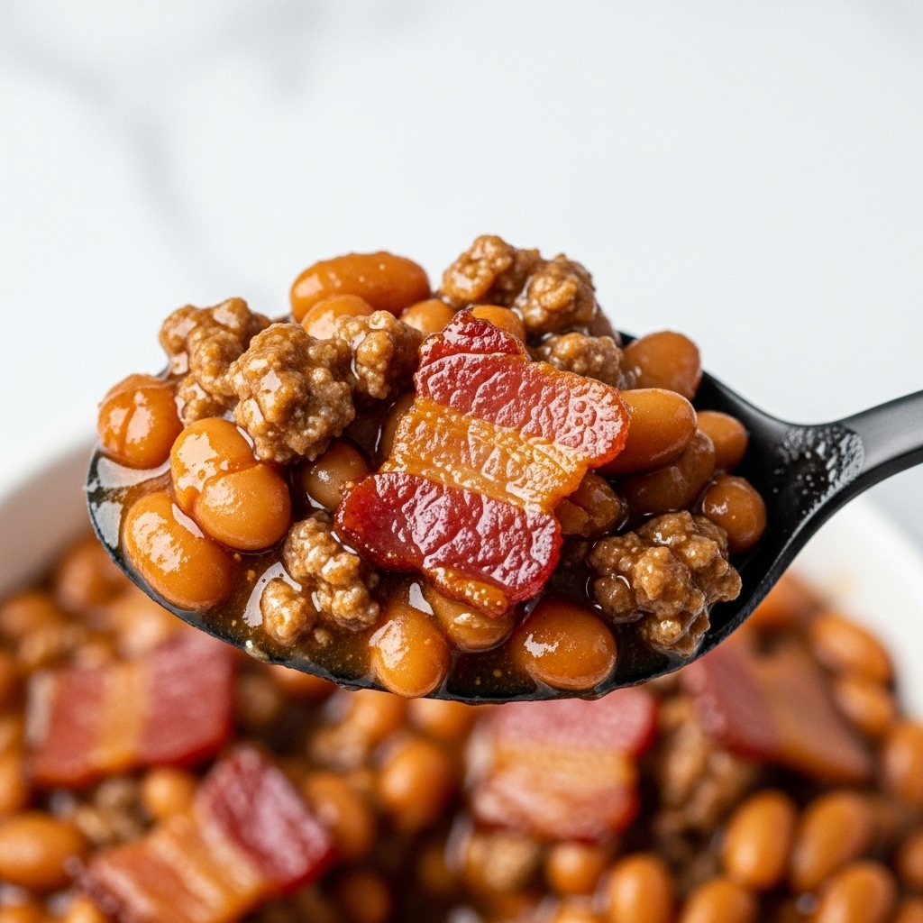 This close-up image shows a black spoon holding a serving of baked beans mixed with pieces of bacon and ground meat, all cooked in a thick, shiny brown sauce. The beans are soft and have a light brown color, while the bacon strips are reddish and slightly crispy. The sauce looks rich and glossy, covering the beans and meat evenly. The background is a white marbled texture. Photo taken with an iphone --ar 4:5 --v 7