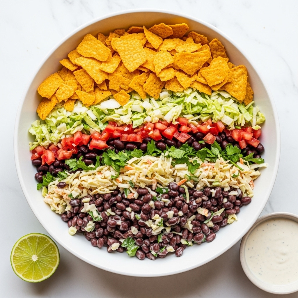 A large white bowl is filled with a colorful salad made of shredded white cabbage, thin orange carrot strips, dark black beans, yellow corn kernels, small green pieces likely chopped herbs, and crunchy-looking orange chip pieces scattered on top. The salad has a mix of creamy and fresh textures with visible dressing coating parts of the vegetables. To the top left of the bowl, there is a halved lime on a white marbled surface, and a dark cloth partially shows beneath the bowl. Additional orange chips are scattered to the top right on the white marbled surface. photo taken with an iphone --ar 4:5 --v 7