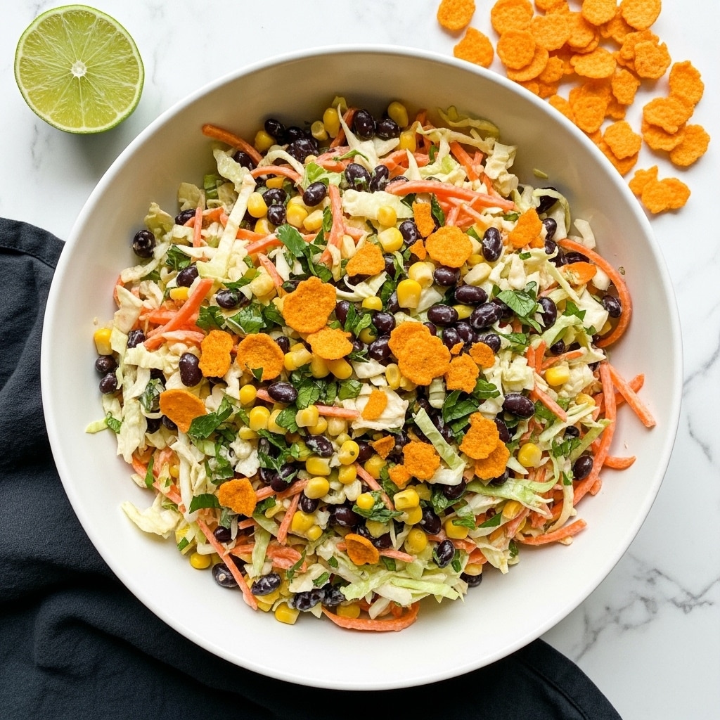 A large white bowl filled with a layered salad showing a mix of shredded cabbage, small black beans, diced tomatoes, green herbs, and pieces of tortilla chips on top. The salad has creamy dressing mixed through, giving a slightly shiny texture to the ingredients. The tortilla chips are golden orange, crunchy, and unevenly placed mainly on the upper layer. The bowl is placed on a white marbled surface with a halved lime and a small bowl of white dressing next to it, adding freshness to the scene. photo taken with an iphone --ar 4:5 --v 7