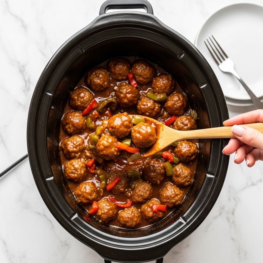 A black slow cooker filled with small round meatballs in a rich, brown sauce with visible pieces of chopped red and green bell peppers mixed in. A wooden spoon held by a woman's hand is scooping up a portion, showing the thick, glossy texture of the sauce and the tender meatballs, with the peppers adding bright red and green color contrast among the brown meat and sauce. The slow cooker is placed on a white marbled surface with part of a white plate and a metal fork visible near the top right. photo taken with an iphone --ar 4:5 --v 7
