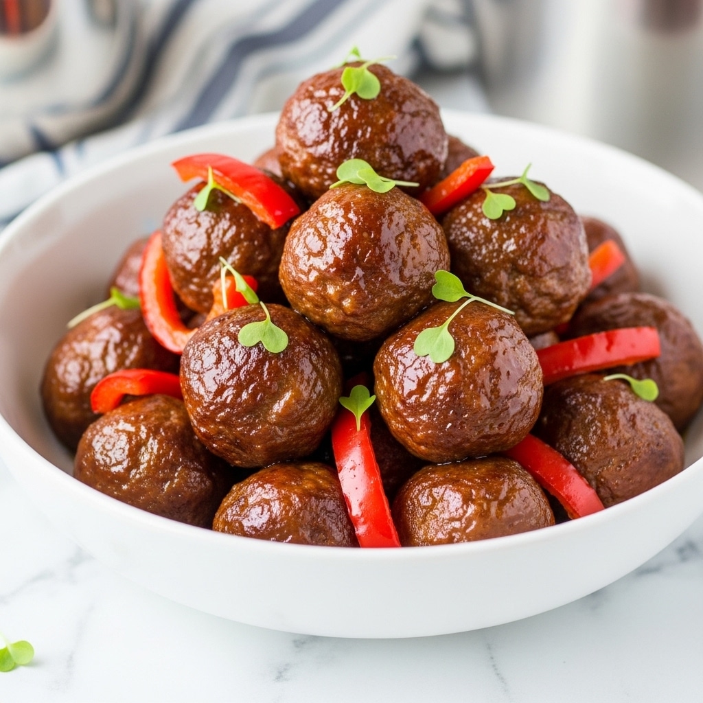 The image shows a white bowl filled with a stack of shiny, brown meatballs mixed with bright red bell pepper pieces and small green herbs on top. The meatballs have a glossy coating, making them look juicy and cooked well. The red bell pepper pieces are scattered evenly among the meatballs, adding a pop of color. The bowl sits on a white marbled surface with a hint of a blue and white striped cloth and a silver pot blurred in the background. photo taken with an iphone --ar 4:5 --v 7