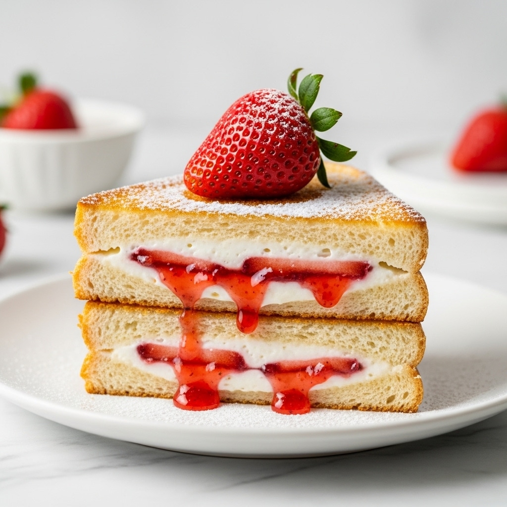 A stack of three toasted sandwich halves, each showing three layers: a light golden brown toasted bread layer on top and bottom, a middle layer made of creamy white filling mixed with bright red strawberry jam, oozing slightly out of the sides. The sandwiches are dusted with powdered sugar and topped with a whole red strawberry with a green stem. The stack sits on a white plate on a white marbled table surface. The background is softly blurred to keep focus on the sandwich stack. Photo taken with an iphone --ar 4:5 --v 7