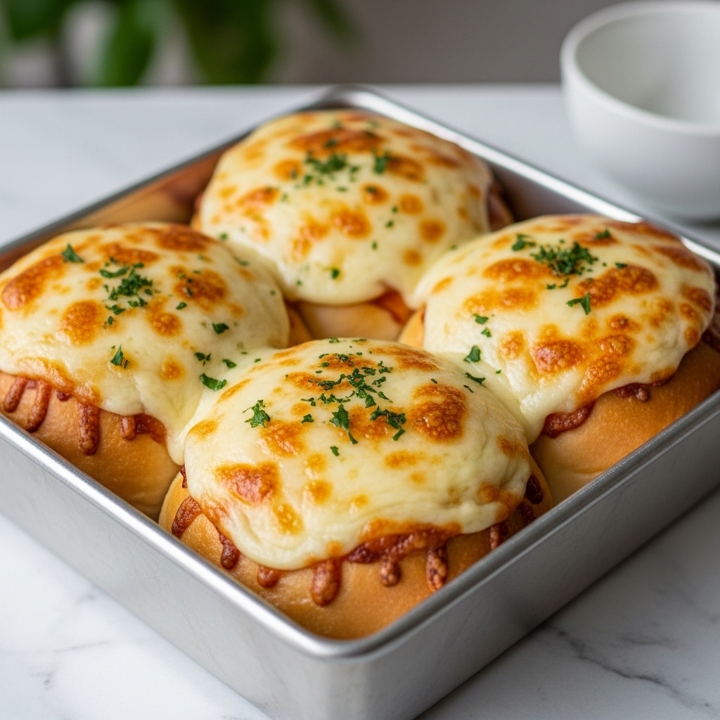 The image shows four round bread rolls in a square metal baking pan, each topped with a thick layer of melted, golden-brown cheese that has slightly bubbled and browned in spots. The cheese layer is smooth and creamy with some darker spots where it has crisped. Small bits of chopped green herbs are sprinkled over the cheese, adding color contrast. The bread beneath the cheese has a soft, fluffy texture with a slight crust visible around the edges. The pan sits on a white marbled surface, with a blurred background hinting at greens and another small white bowl. Photo taken with an iphone --ar 4:5 --v 7