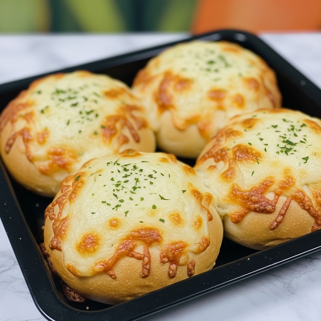 Four round cheese-covered bread rolls are closely placed in a black baking tray. Each roll is topped with golden-brown melted cheese that looks bubbly and slightly crispy at the edges. The cheese layer is thick, creamy white with light brown spots from baking. Small green herb pieces are sprinkled over the cheese, adding a fresh touch. The baking tray sits on a white marbled surface, and the background is blurred with green and orange tones. photo taken with an iphone --ar 4:5 --v 7