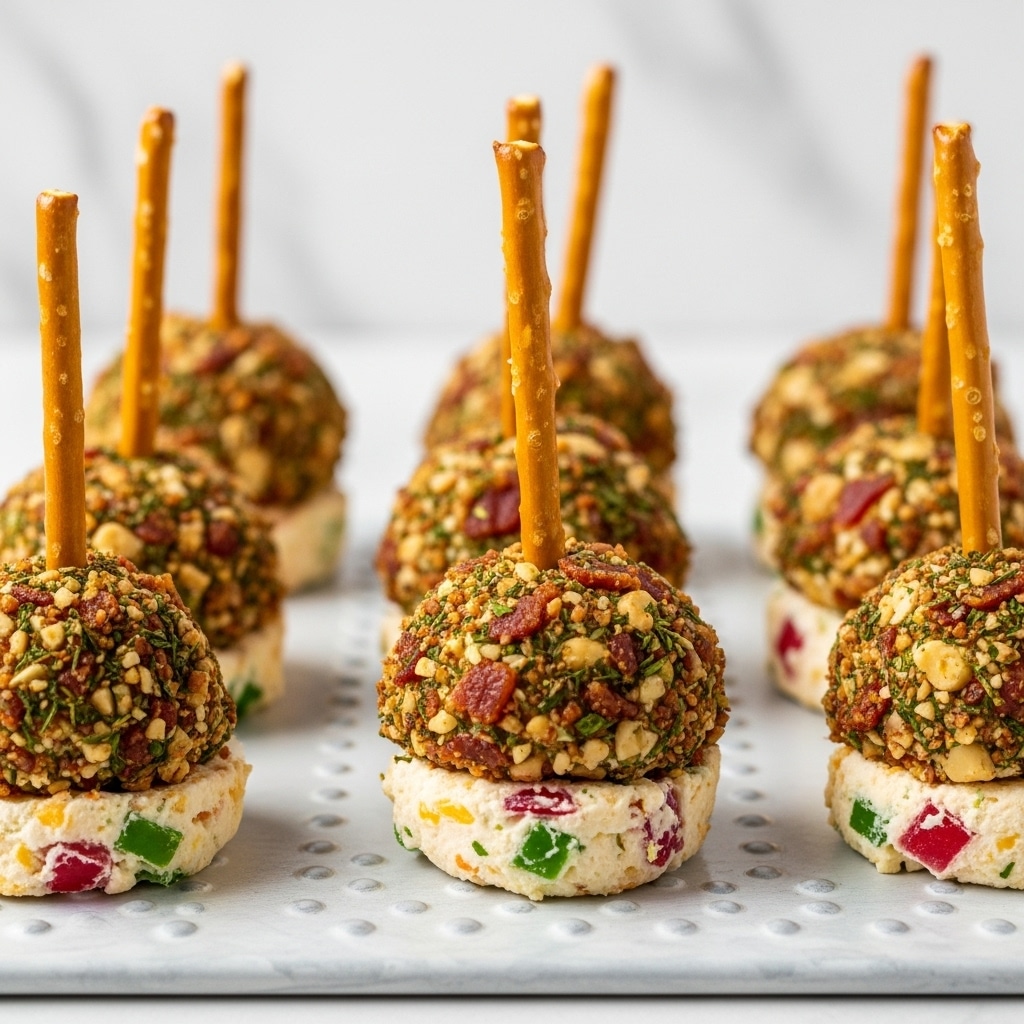 The image shows small round cheese balls coated with chopped nuts, bacon bits, and herbs, giving them a textured and colorful outer layer with specks of green and reddish brown. Each cheese ball is pierced in the center with a crunchy pretzel stick standing upright. The cheese underneath appears creamy and pale yellow with visible bits of red and green mixed inside. These cheese balls are placed on a white metal tray with raised dots, and the background is a white marbled surface with a soft focus. Photo taken with an iphone --ar 4:5 --v 7
