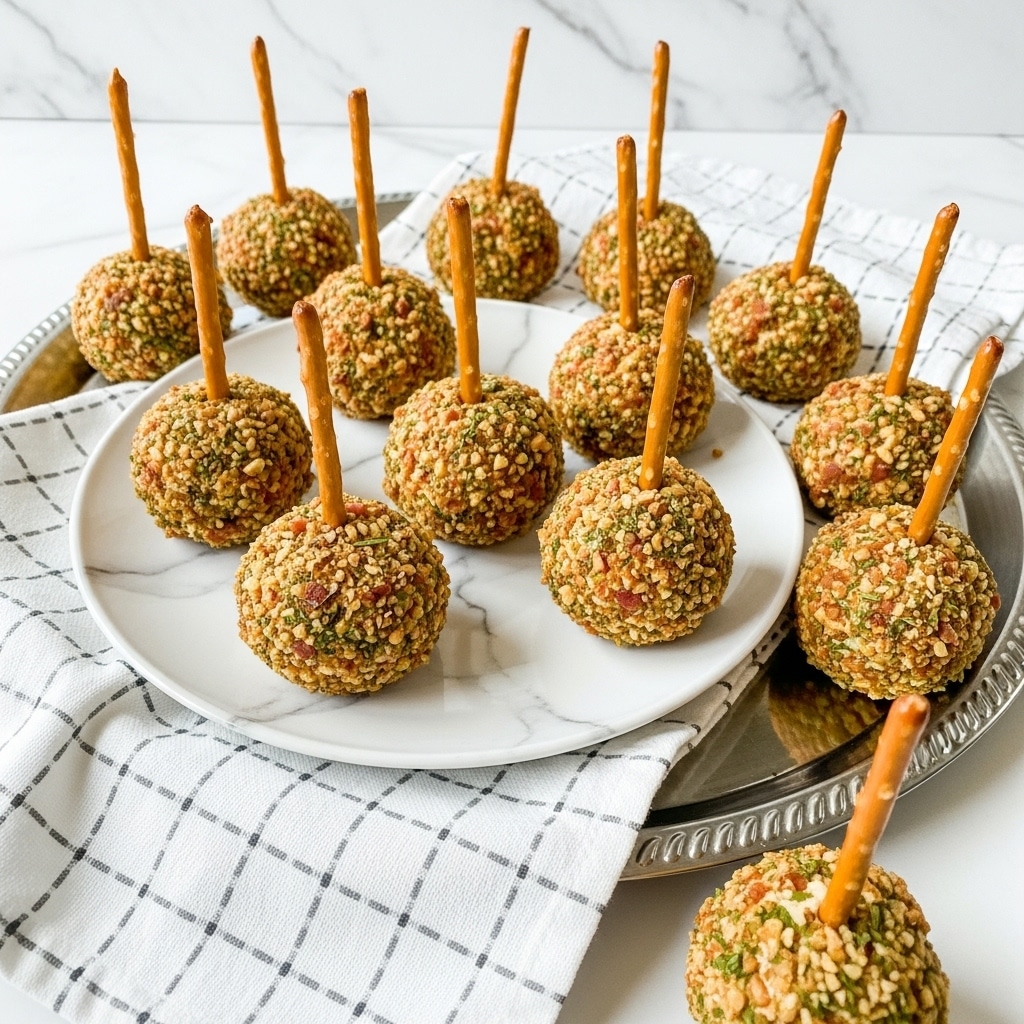 The image shows a group of small round cheese balls covered in a mixture of chopped nuts, herbs, and possibly bits of bacon, giving them a rough, textured outer layer with a mix of golden brown, green, and reddish colors. Each cheese ball has a pretzel stick inserted vertically in the center, serving as a handle. They are placed on a white plate with a subtle marbled pattern, which is set on a larger silver tray. A white cloth with a gray dashed line pattern lies underneath part of the plate and tray, all set on a background with a white marbled texture. The cheese balls are arranged casually, some on the plate in the center and others scattered around the tray. Photo taken with an iphone --ar 4:5 --v 7