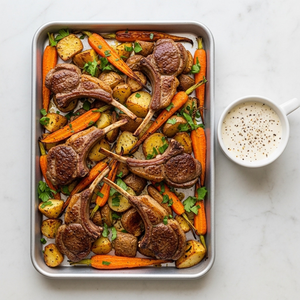 The image shows a metal tray filled with six browned lamb chops, each with a slightly crispy texture and bone visible, scattered among golden roasted carrot slices and chunks of roasted potato with browned edges. Fresh green herbs are sprinkled over the tray, adding a pop of color. To the right side of the tray is a small white cup filled with creamy, white sauce speckled with black pepper. The tray sits on a white marbled surface, creating a clean and simple background. photo taken with an iphone --ar 4:5 --v 7