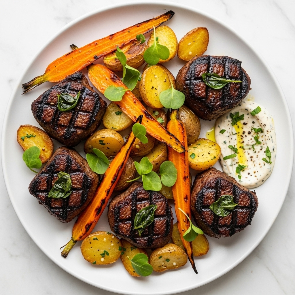 The dish shows a white plate filled with four pieces of grilled meat, each with a dark brown, charred crust and sprinkled with green herb leaves on top. Around the meat are roasted potato pieces with golden-brown skins and soft yellow insides, as well as thick, orange carrot slices that have some charring. There are small, fresh green herb leaves scattered between the pieces of meat and vegetables. In one corner of the plate, there is a smear of creamy white sauce with visible black pepper specks and some green herbs. The whole plate sits on a white marbled texture. photo taken with an iphone --ar 4:5 --v 7