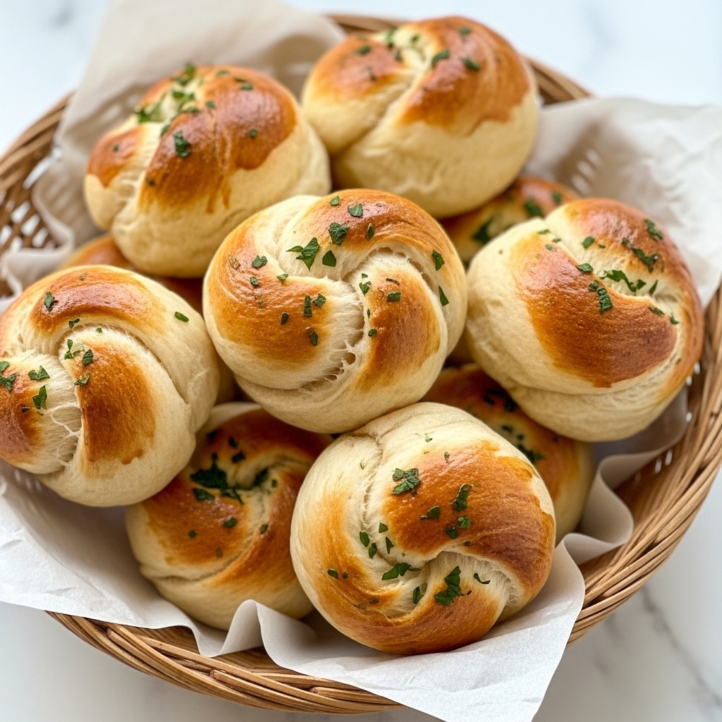 A wicker basket filled with soft bread knots, each with a shiny golden-brown top showing a slight crack revealing the light, fluffy inside. Small bits of green herbs are sprinkled on the tops, adding contrast to the warm colors. The bread knots have a smooth, slightly shiny texture with light browning that makes them look fresh and tasty. The basket has a white parchment paper lining underneath the bread, all placed on a white marbled surface in soft, natural light. photo taken with an iphone --ar 4:5 --v 7