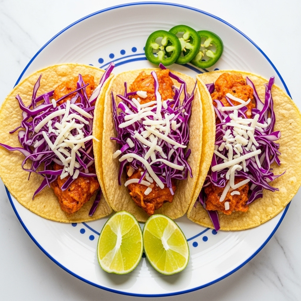 Three soft yellow corn tacos are placed side by side on a white plate with a blue pattern, set on a white marbled surface. Each taco has one main layer of cooked orange-red fish in the center, topped with thin strands of purple cabbage and white shredded cheese scattered on top. There are two light green lime wedges resting at the bottom edge of the plate and a couple of sliced green jalapeños near the top right of the plate. The colors are vibrant and fresh. Photo taken with an iphone --ar 4:5 --v 7