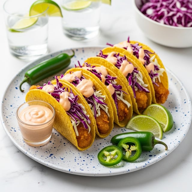 The image shows four yellow corn tacos arranged in a row on a white plate with a blue speckled pattern, placed on a white marbled surface. Each taco has three visible layers: a base layer of crispy fried fish in a golden brown color, a second layer of shredded purple and white cabbage adding vibrant color and texture, and a top layer of light pink creamy sauce drizzled across. On the plate beside the tacos are two lime wedges and three sliced jalapeños, all bright green. A small clear glass cup filled with a light pink dipping sauce sits on the plate near the front taco. In the background, there are two clear glasses of water each with a lime wedge on the rim, and a white bowl filled with shredded purple cabbage partially visible. Photo taken with an iphone --ar 4:5 --v 7