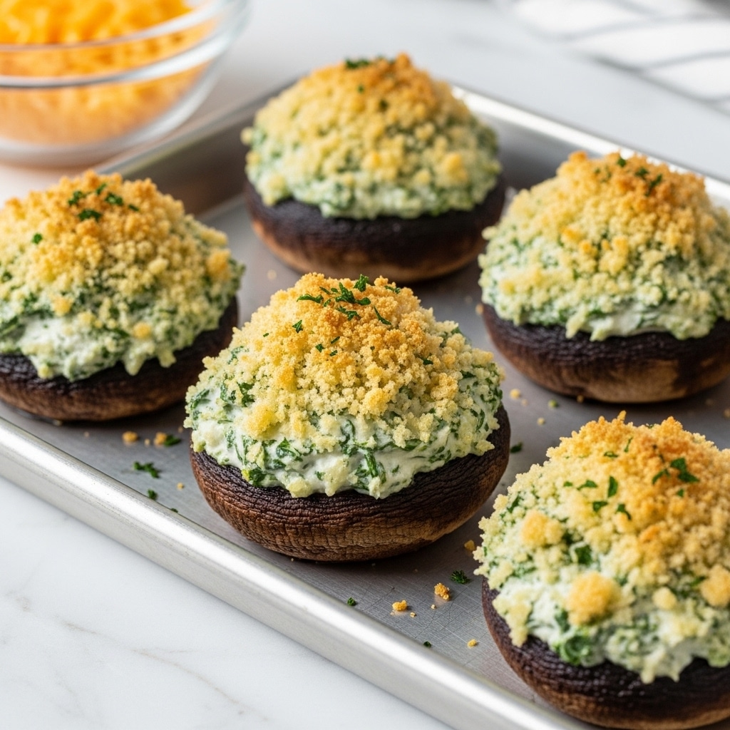 Four stuffed mushrooms sit on a grill. Each mushroom cap is dark brown and thick, filled with a creamy green spinach mixture topped with a generous layer of light yellow shredded cheese. The mushrooms are placed evenly, showing the grill's black bars beneath them. The background is blurred, focusing on the mushrooms in front. The scene is outdoors with a simple cooking setup. Photo taken with an iphone --ar 4:5 --v 7