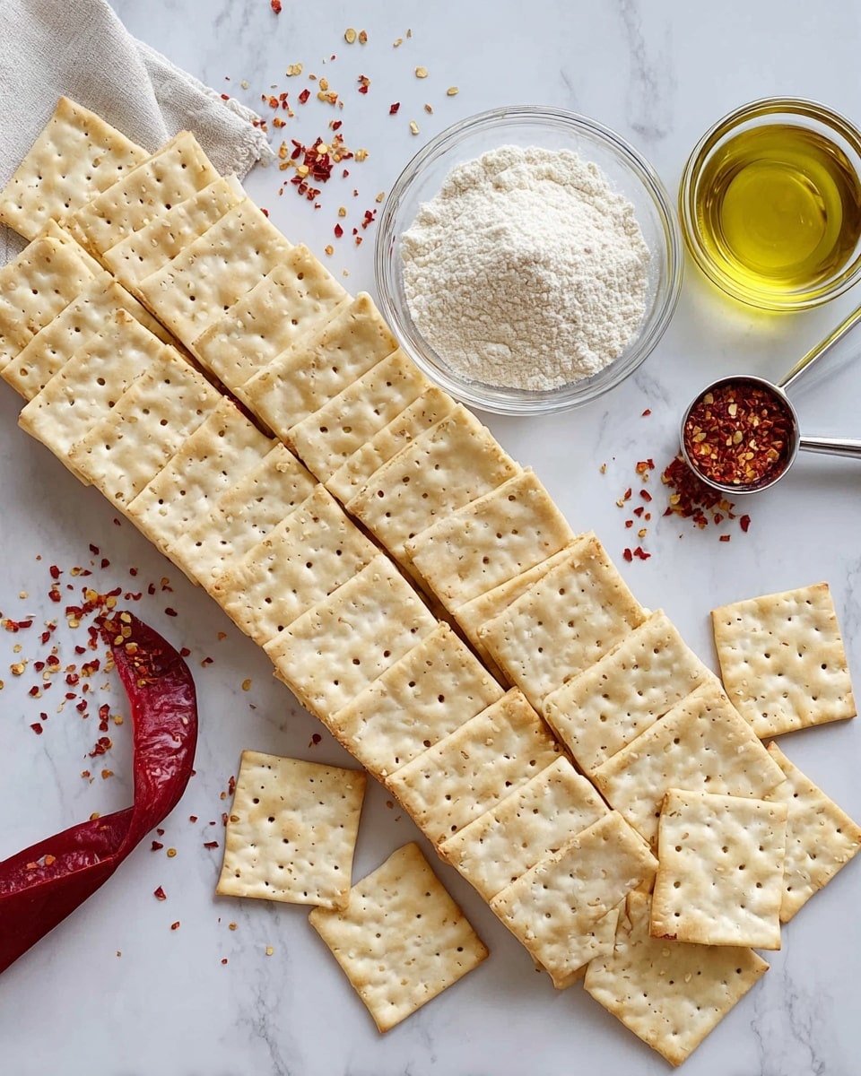 The image shows two curved rows of square saltine crackers neatly arranged on a white marbled surface. Each cracker is light beige with small, evenly spaced holes and slightly browned spots. Near the top center is a clear glass bowl filled with white flour, while at the bottom left there is another clear glass bowl containing light yellow oil. To the right side, a metal measuring spoon holds red pepper flakes, with some flakes scattered around nearby. The entire scene is clean and bright with subtle shadows, giving a fresh and simple look. photo taken with an iphone --ar 4:5 --v 7