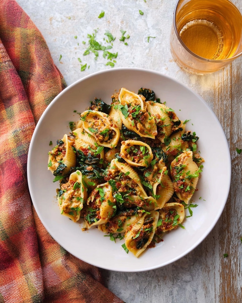A white bowl filled with about three layers of small shell-shaped pasta coated in a creamy sauce mixed with small pieces of red pepper and finely ground black pepper. Bright green wilted spinach leaves and fresh chopped basil are scattered evenly on top and mixed throughout. The pasta looks soft and creamy with a slightly oily texture, and the sauce has a light brown tint from spices. The bowl sits on a white marbled surface with a glass of light pink drink blurred in the background. Photo taken with an iphone --ar 4:5 --v 7
