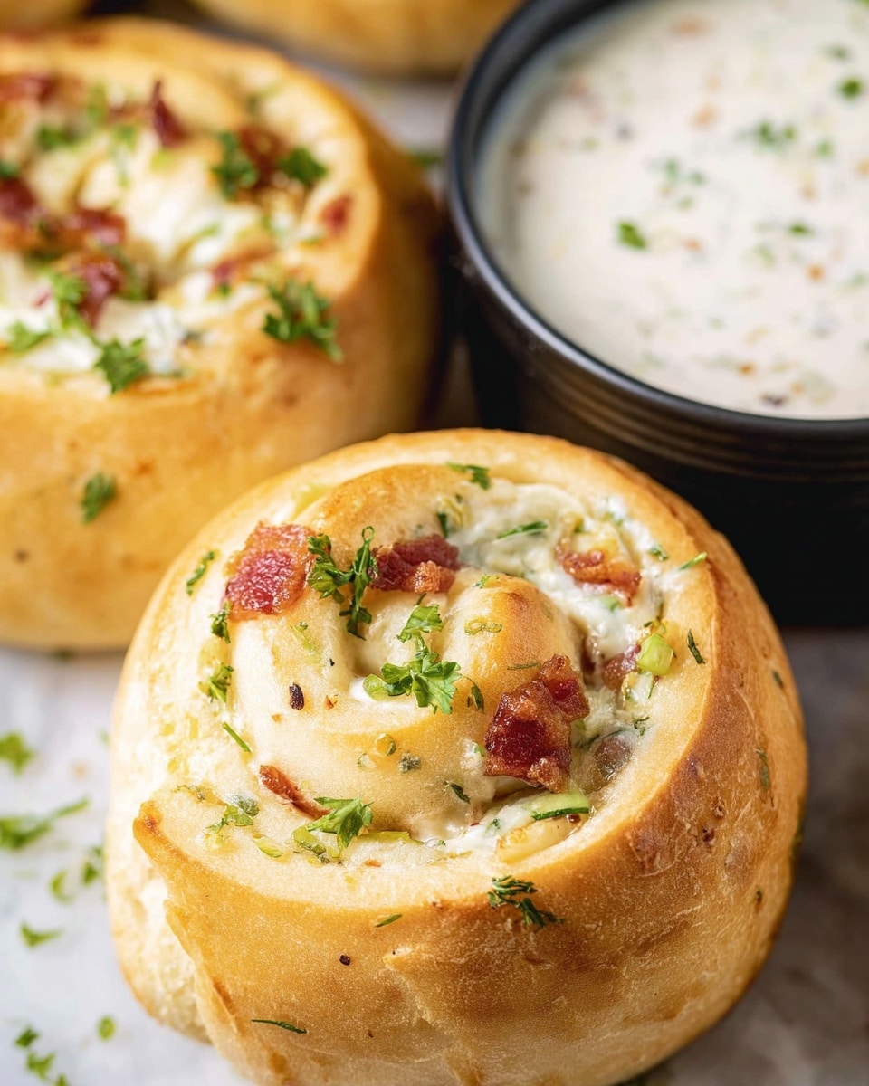 The image shows a white rectangular tray filled with several golden-brown, round pull-apart rolls. Each roll has multiple layers visible in the spiral form, with the top layers showing a creamy cheese filling mixed with small bits of green herbs and red bacon pieces. The rolls have a soft, fluffy texture with a slightly crisp outer crust. Some green herbs are sprinkled on top, adding color and freshness. The tray rests on a white marbled surface with some green herbs seen blurred in the background. Photo taken with an iphone --ar 4:5 --v 7