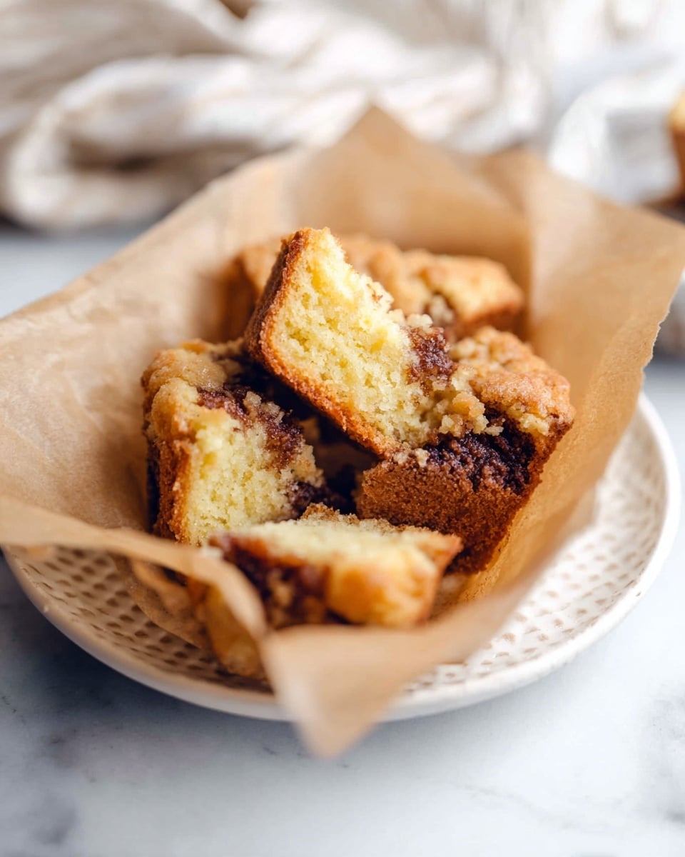 The image shows a crumb cake served in a light brown parchment paper liner placed on a white plate. The cake is broken into several pieces, with a visible golden brown crust and a moist inner texture. Some parts of the cake have a darker cinnamon or chocolate swirl, giving variation in color from light yellow to deeper brown. The paper liner is open wide, revealing the unevenly torn cake pieces stacked inside. In the background, a white marbled surface and a soft blurred cloth are visible. photo taken with an iphone --ar 4:5 --v 7