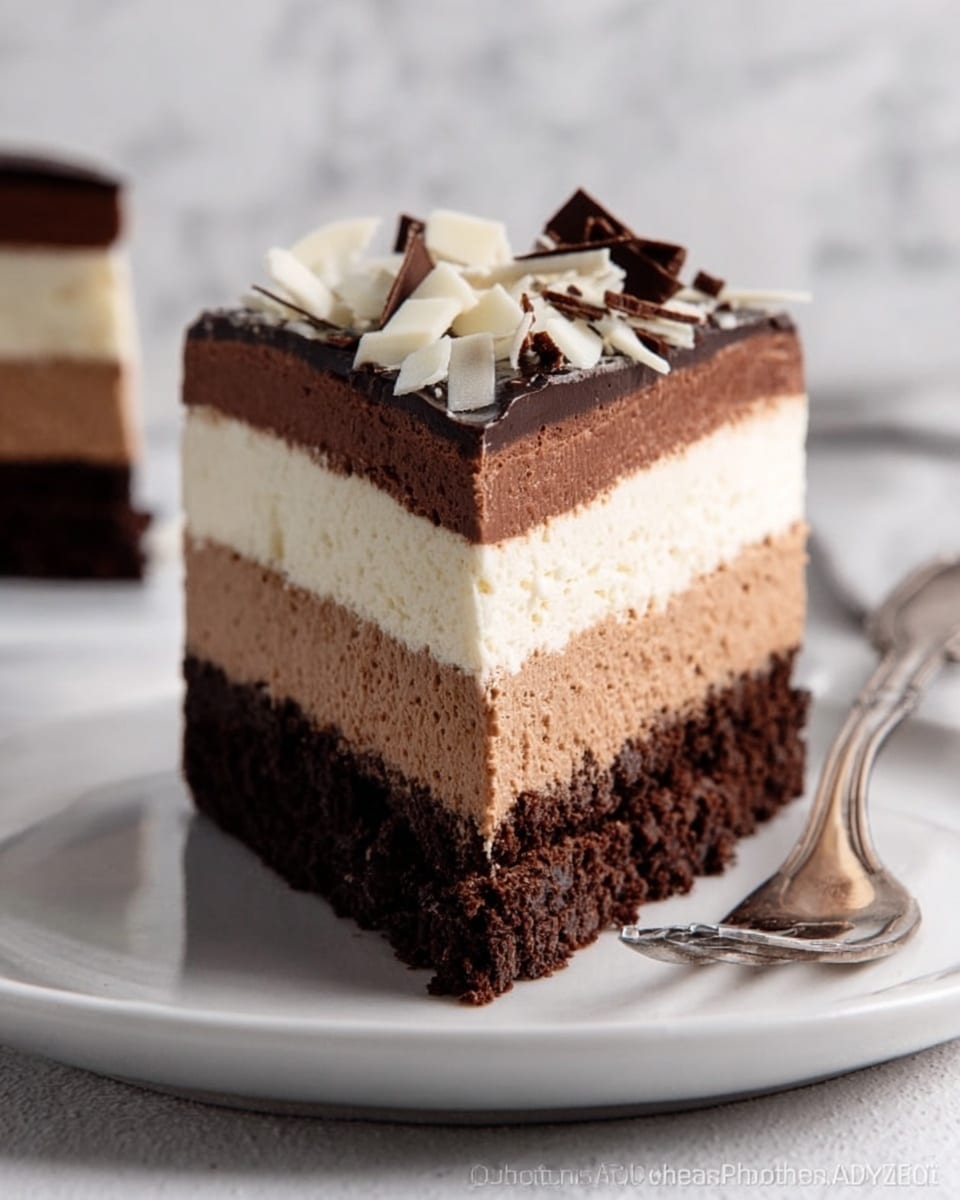 The image shows a slice of layered dessert on a white plate with a silver fork beside it. The dessert has four layers: the bottom layer is dark and crumbly, looking like chocolate cake; above it is a lighter brown smooth layer resembling chocolate mousse; the next layer is light and creamy, almost white; and the top layer is dark chocolate with some white chocolate shavings on top. The background has a white marbled texture. Photo taken with an iphone --ar 4:5 --v 7