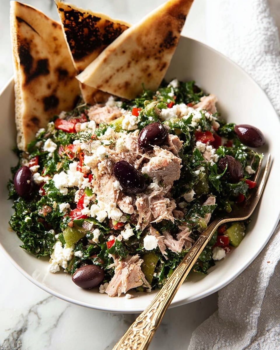 A white bowl filled with a mixed salad showing visible layers of chopped dark green kale, bits of red bell pepper, pieces of tuna, and a topping of white crumbled cheese scattered across. There are whole dark purple olives placed on top of the salad. Two large pieces of toasted pita bread with charred spots are placed upright inside the bowl at the back. A fork with an ornate, gold-toned handle rests inside the bowl on the side. The bowl is set on a white marbled surface with a white cloth nearby. photo taken with an iphone --ar 4:5 --v 7