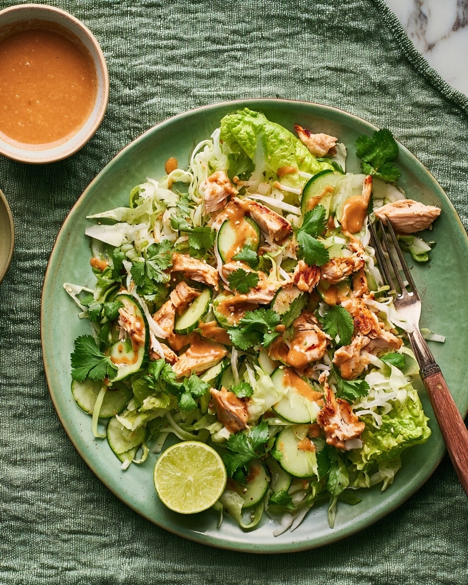 A green plate holds a colorful salad made of sliced cooked chicken pieces with light brown sauce, thin white cabbage strips, cucumber half-moons, and bright green fresh cilantro leaves spread throughout. Two leafy lettuce pieces add texture on top, and a light green lime wedge rests on the lower left side. A silver fork with a wooden handle is placed on the right edge of the plate. Above the plate, there is a small white bowl of orange-brown peanut sauce. The whole scene is set on a textured green cloth on a white marbled surface. Photo taken with an iphone --ar 4:5 --v 7