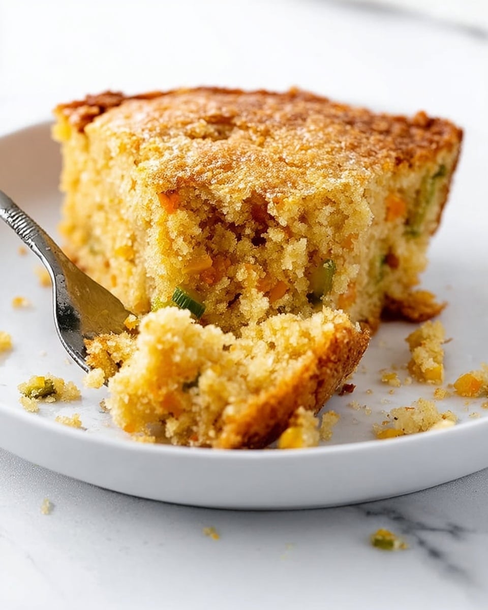 A crumbly slice of cornbread rests on a white plate with a white marbled background, showing a rough, golden brown crust on top with a slightly uneven surface. The inside has a moist, coarse texture with bits of green and orange specks spread throughout, indicating added vegetables or seasonings. A silver fork is pressing into the left side, breaking off a chunk of the soft inside with crumbs scattered around the plate. photo taken with an iphone --ar 4:5 --v 7