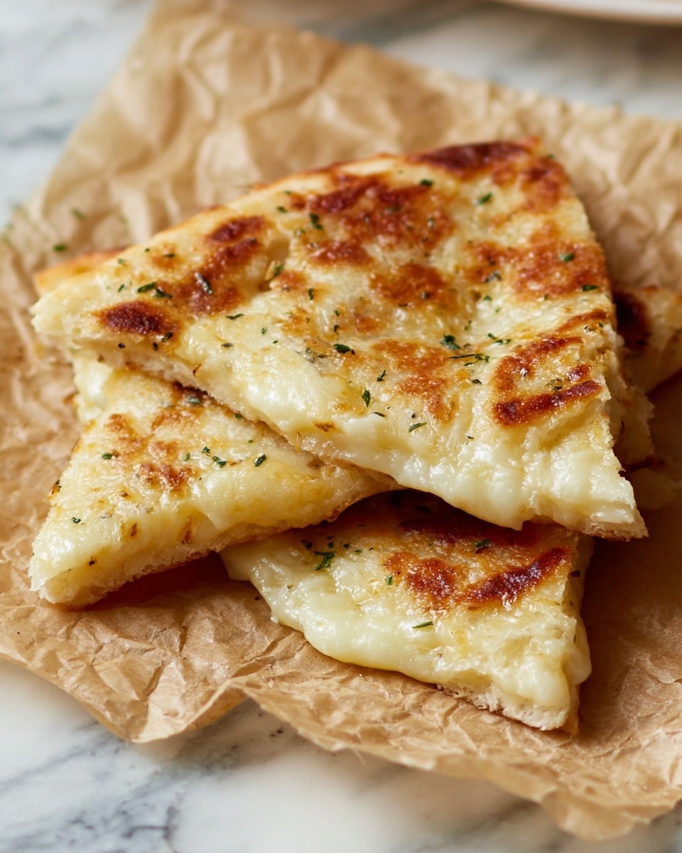 A close-up of three triangular pieces of cheese flatbread stacked on thin, crumpled parchment paper, showing a golden brown crispy top layer with melted, creamy cheese peeking out from the edges, the flatbread's base has a light beige color with a soft, slightly fluffy texture underneath the browned surface, small bits of herbs are sprinkled on top, all placed on a white marbled surface photo taken with an iphone --ar 4:5 --v 7