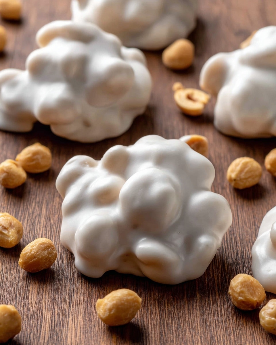The image shows several white, glossy clusters of yogurt-covered peanuts arranged closely on a wooden surface. Each cluster has a bumpy texture where the peanuts inside push against the smooth yogurt coating, giving irregular rounded shapes. Around the clusters, a few loose golden-brown roasted peanuts are scattered, adding a contrasting color and dry texture to the shiny white coated treats. Photo taken with an iphone --ar 4:5 --v 7