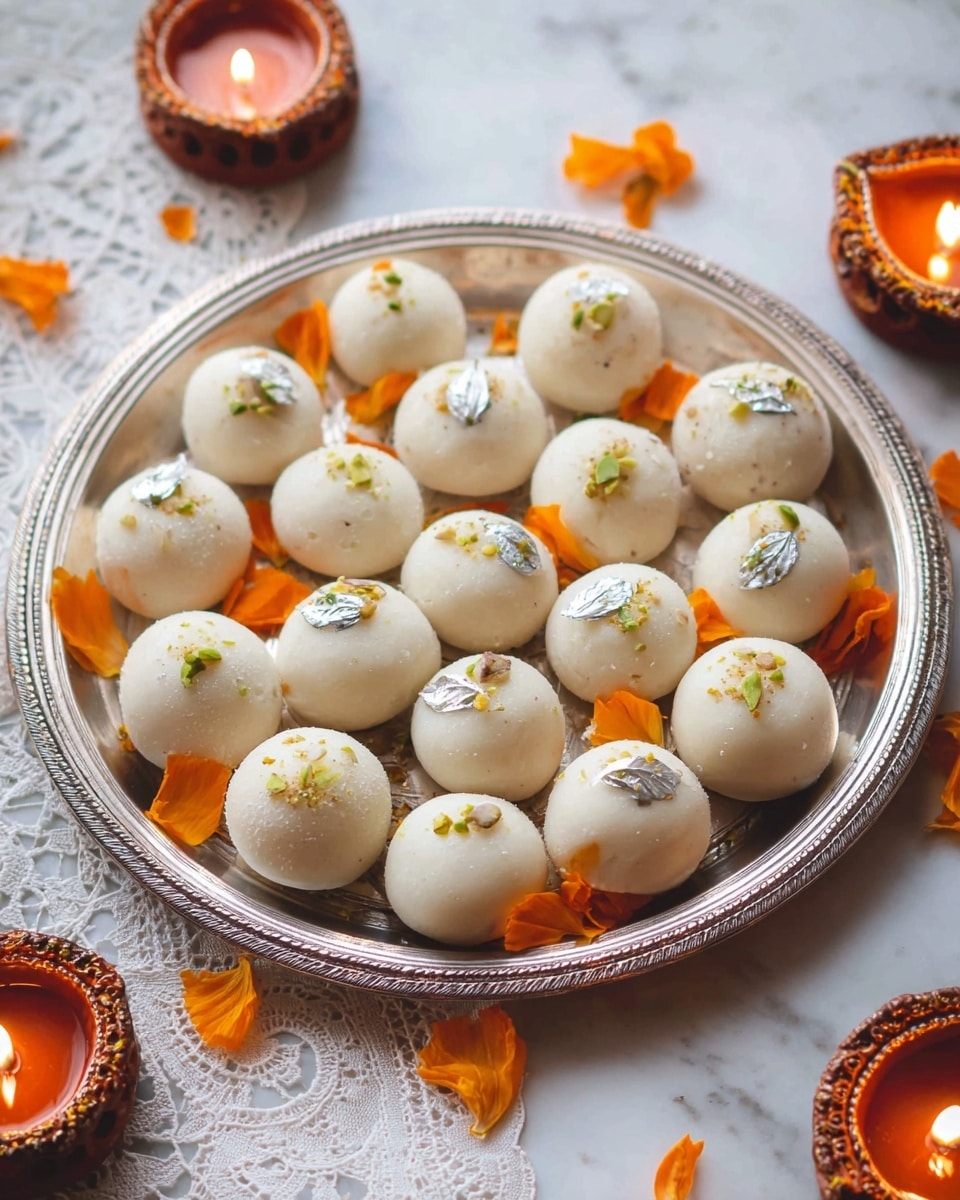 A round silver tray holds about nineteen smooth, white, round sweets arranged loosely. Each sweet is topped with small green nut pieces and a tiny silver leaf decoration. Bright orange flower petals are scattered lightly on the tray around the sweets, and the tray sits on a white marbled surface with white lace partially visible underneath. Around the tray, small lit orange clay lamps add warm light and a festive feel to the scene. photo taken with an iphone --ar 4:5 --v 7