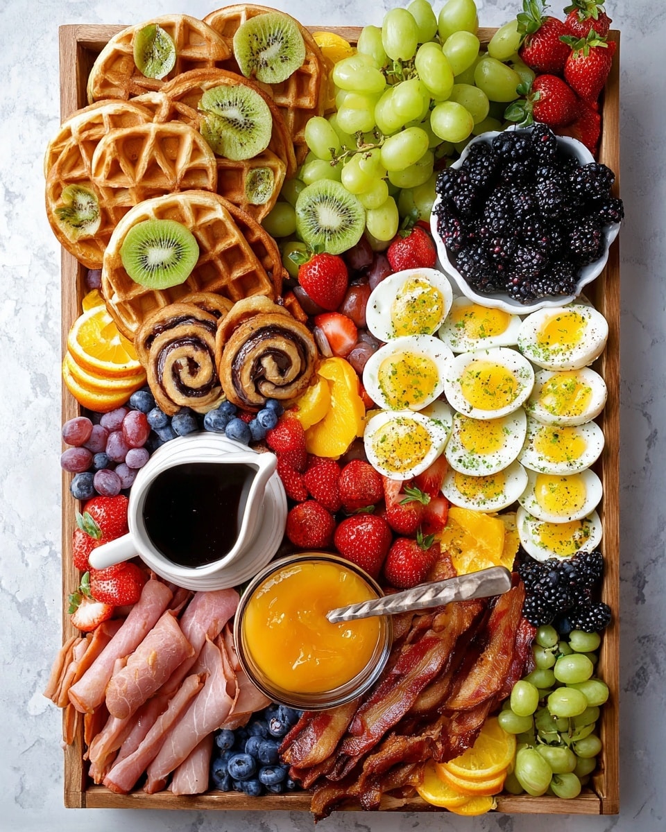 A wooden board with golden handles holds a colorful, well-organized charcuterie spread. At the center is a white round cheese drizzled with honey and topped with blackberries and raspberries, with two thin gold sticks crossing over it. Around it are layers of different foods: slices of light yellow and orange cheese on the left, clusters of dark olives above and below the cheese, and pink salami shaped like roses near the center and bottom right. Green grapes sit on the upper right, next to clusters of bright red strawberries and blueberries. Slices of green kiwi with seeds are in the upper middle left, above dark purple grapes. Clusters of blackberries are near the bottom right, beside thinly sliced pink meat shaped in small rolls. Orange slices form a crescent on the bottom right. Five golden croissants are stacked at the bottom left with purple and white flowers scattered for decoration, and little wrapped chocolates in green, red, and pink are near the cheeses. Everything is placed on a flat white marbled background with scattered colorful flowers around the board. photo taken with an iphone --ar 4:5 --v 7