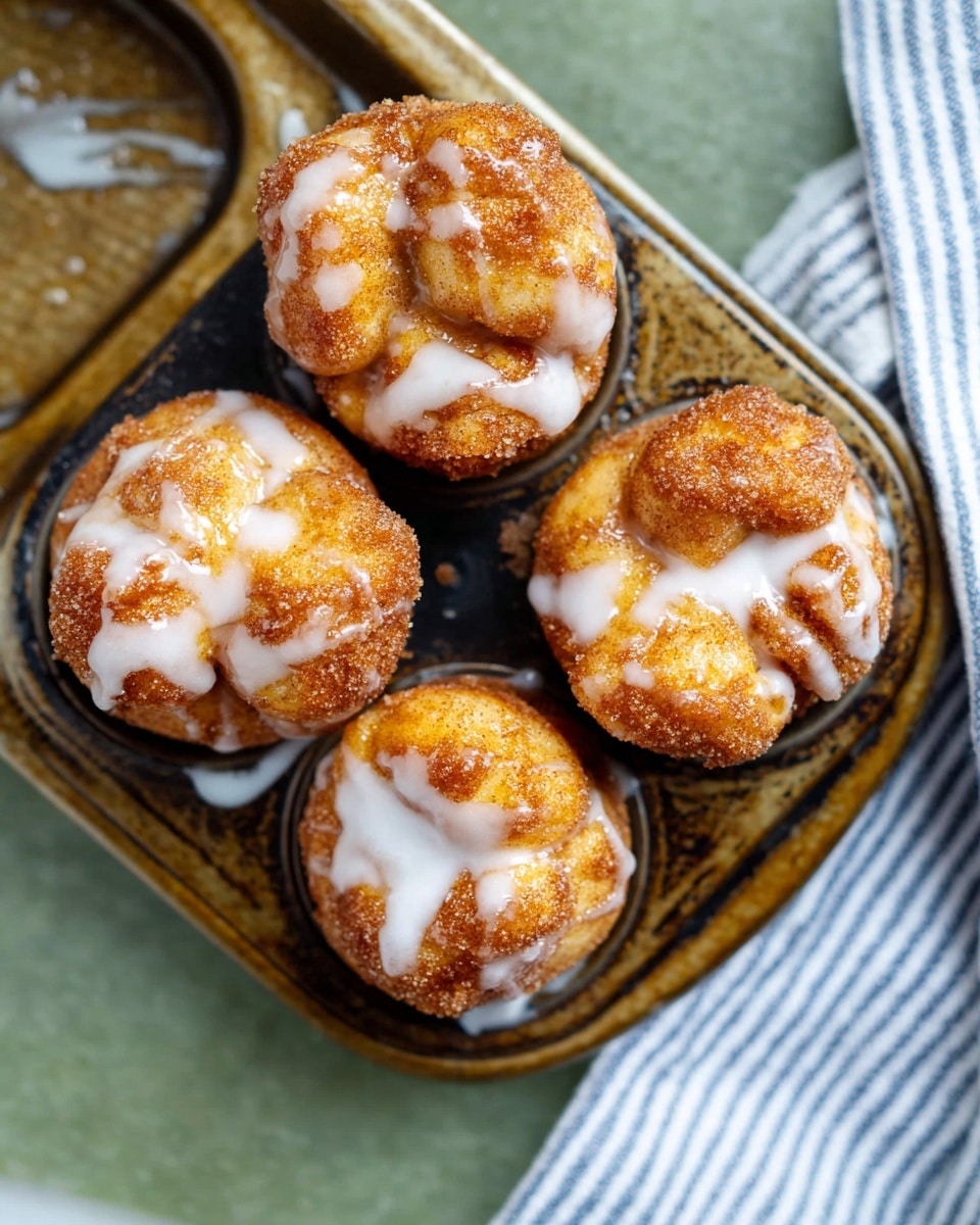 A close-up view of a round muffin pan cup filled with five golden brown, soft, and pillowy monkey bread pieces. Each piece is coated with a cinnamon-sugar mix, giving a lightly rough texture, and drizzled unevenly with white, glossy icing. The glossy icing creates shiny, smooth highlights over the warm-toned bread. The muffin cup is placed on a tray with a muted green surface, and to the right side, a white and blue striped cloth is visible on a white marbled textured background. Photo taken with an iphone --ar 4:5 --v 7