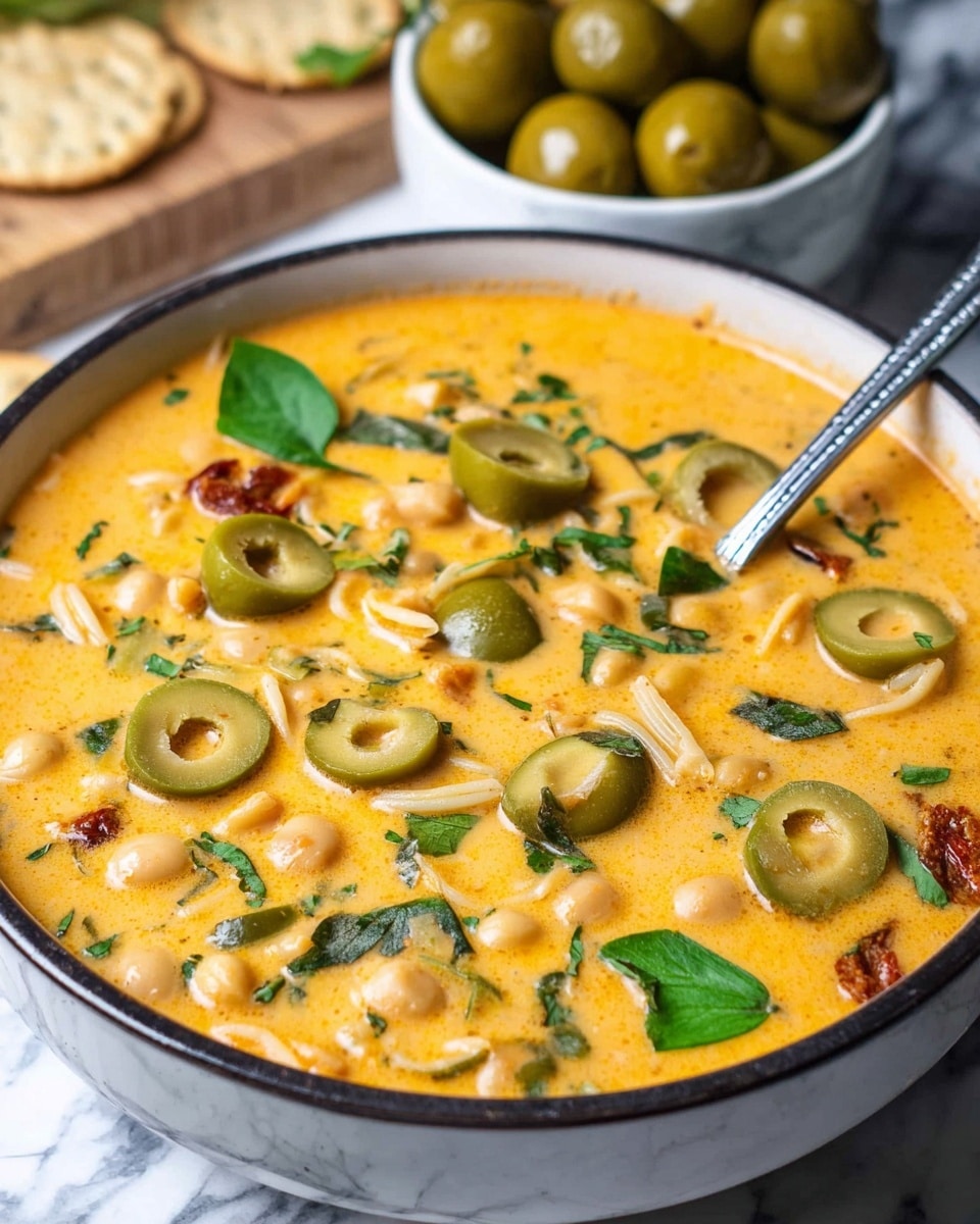 A close-up view of a creamy orange soup served in a white bowl with a dark rim, filled with visible slices of green olives scattered on the surface, along with small chickpeas and bits of sun-dried tomatoes. There are also fresh green leaves floating in the soup, giving a touch of bright green contrast. The soup has a smooth texture with small pasta pieces mixed in. A metal spoon rests in the bowl. In the background, there is a white bowl filled with whole green olives and some crackers nearby, all placed on a white marbled surface. Photo taken with an iphone --ar 4:5 --v 7